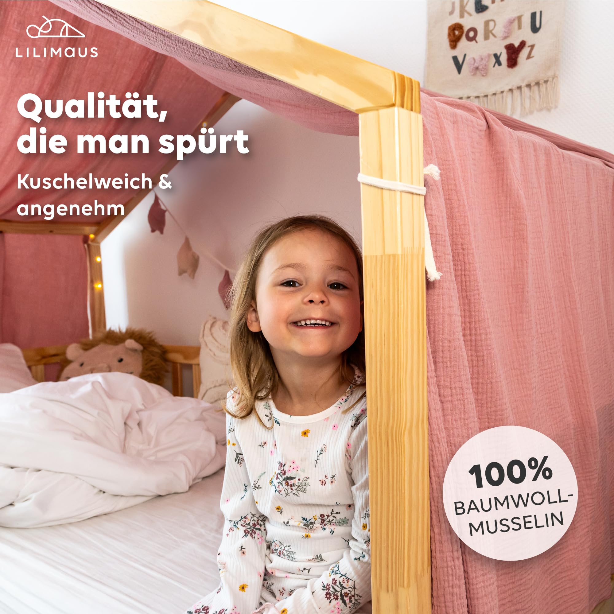 lilimaus Hausbett Himmel [in 12 Farben] Betthimmel Hausbett aus 100% | Baumwolle Musselin - Stoffhimmel für Hausbett Deko Mädchen & Jungen - Himmel für Hausbett Kinder - Bett Vorhang Kinderbett
