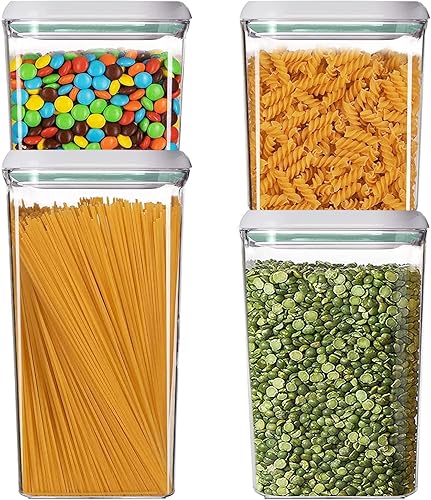 Airtight Food Storage Containers, Clear Plastic Kitchen Canisters Set with Pop Up Airtight Lids for Cereal, Snacks and Sugar, 4 Piece Set Cereal