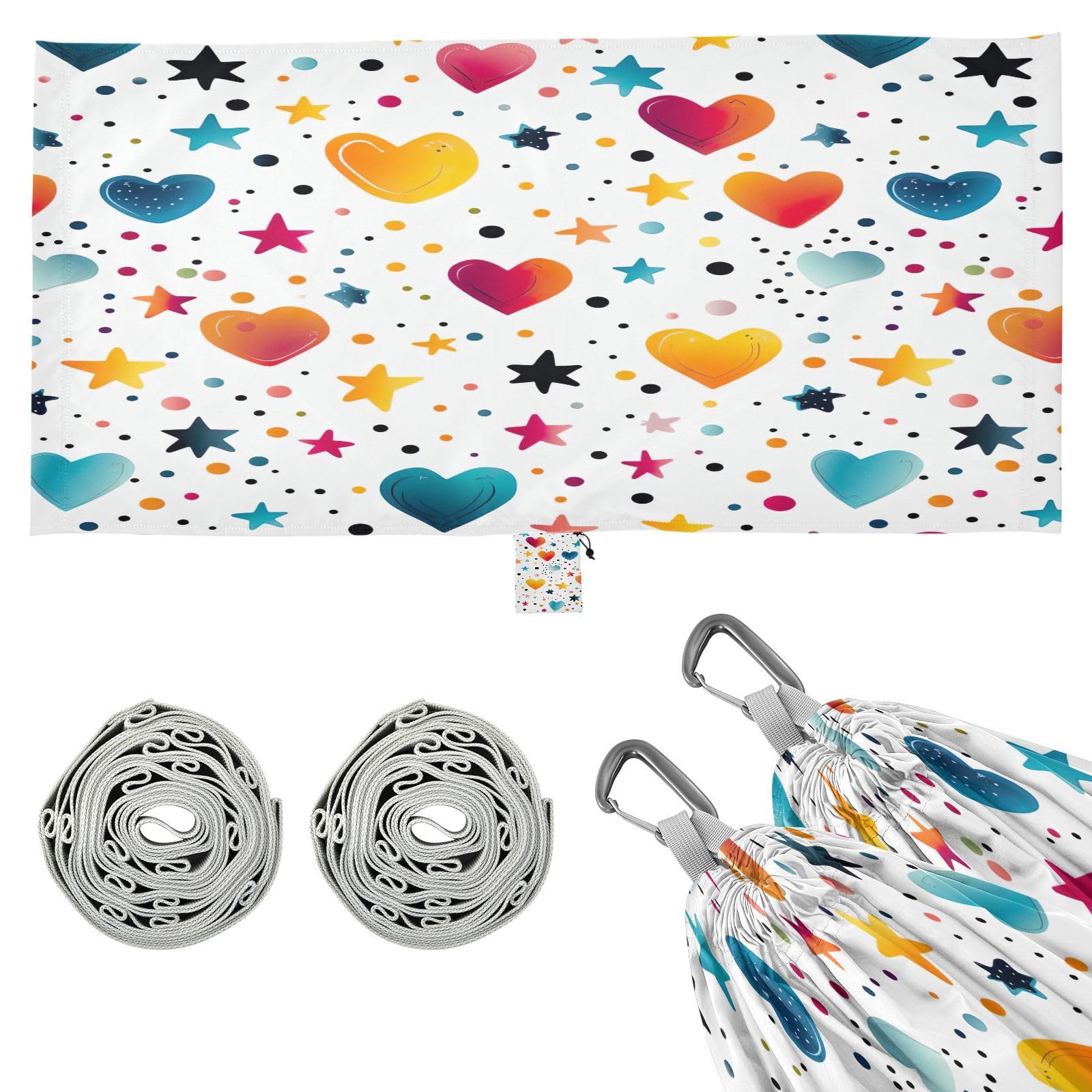 Kigai Colorful Heart Star Camping Hammock Durable & Portable Travel Hammock Holds 330lbs with Tree Strapsm, Pocket, Camping Accessories