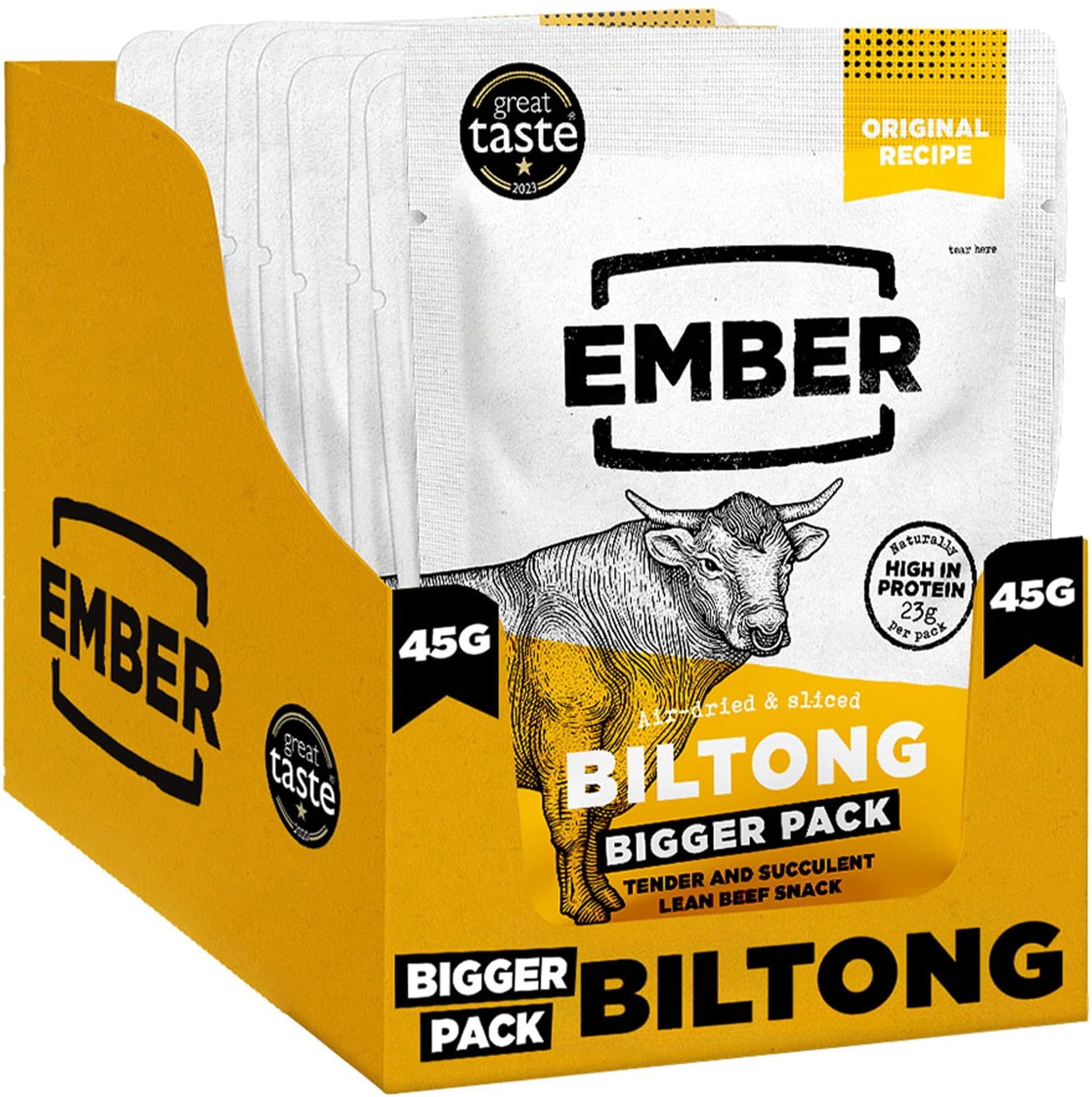 Ember Rindfleisch Biltong Original 360g - Proteinreicher Trockenfleisch Beef Jerky Snack - Fettarm, Keto, ohne Zuckerzusatz, keine Künstlichen Farb- und Aromastoffe - 8 x 45-g-Beuteln