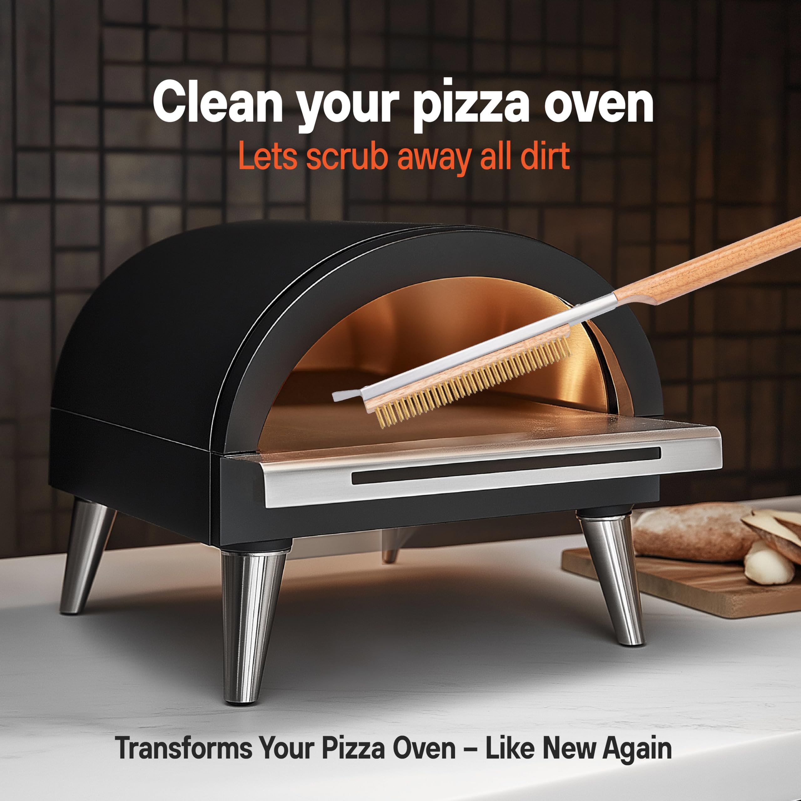 SCRUBIT Cepillo para horno de pizza de 26 pulgadas con raspador, resistente al calor, cepillo de piedra de pizza 2 en 1 de acero inoxidable con limpiador de piedra de pizza, incluye 2 cabezales de