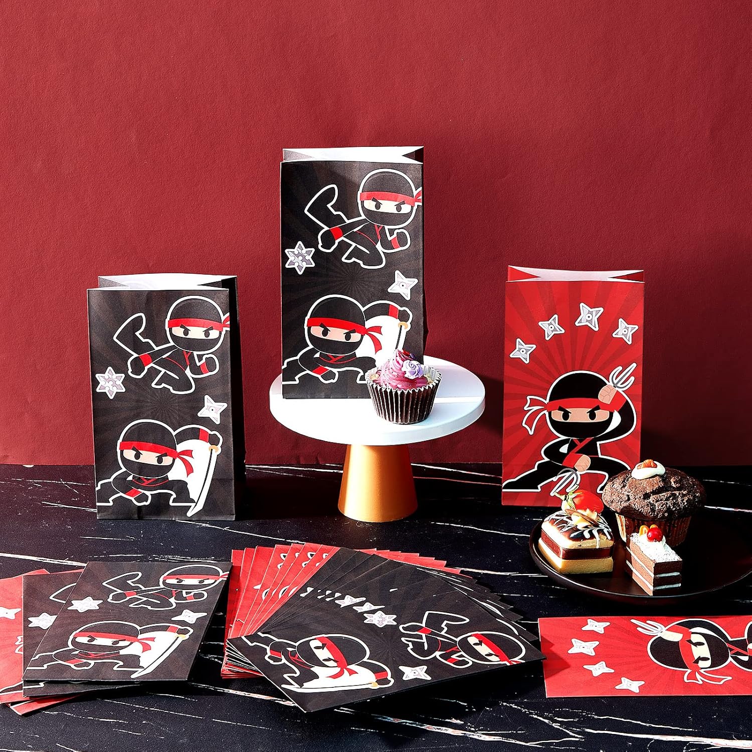 Leinuosen 24 Pcs Ninja Party Favor Bags Ninja Themed Birthday Goodie Candy Treat Bags for Kids Boy Girl Party Decorations(Red, Black) - Image 3