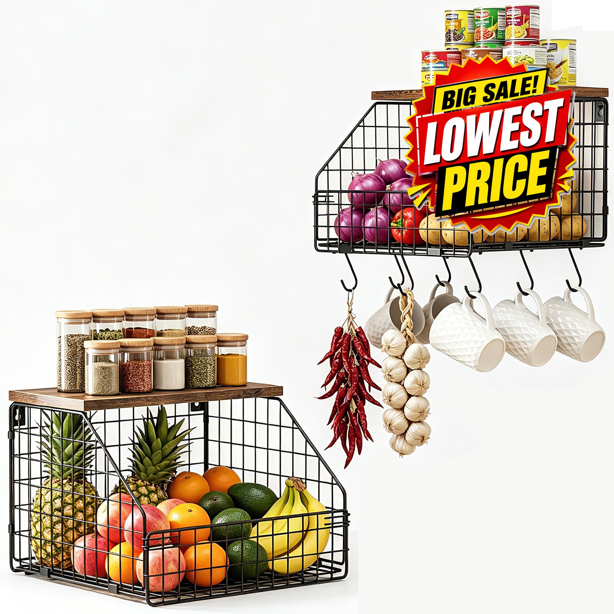 HAAYOT 2 Pack Fruit Basket Metal, Kitchen Hanging Fruit Bowl with Banana Hanger, Kitchen Countertop Rack, Wall mounted Storage Baskets for Vegetables, Fruit, Bread, 2 Large