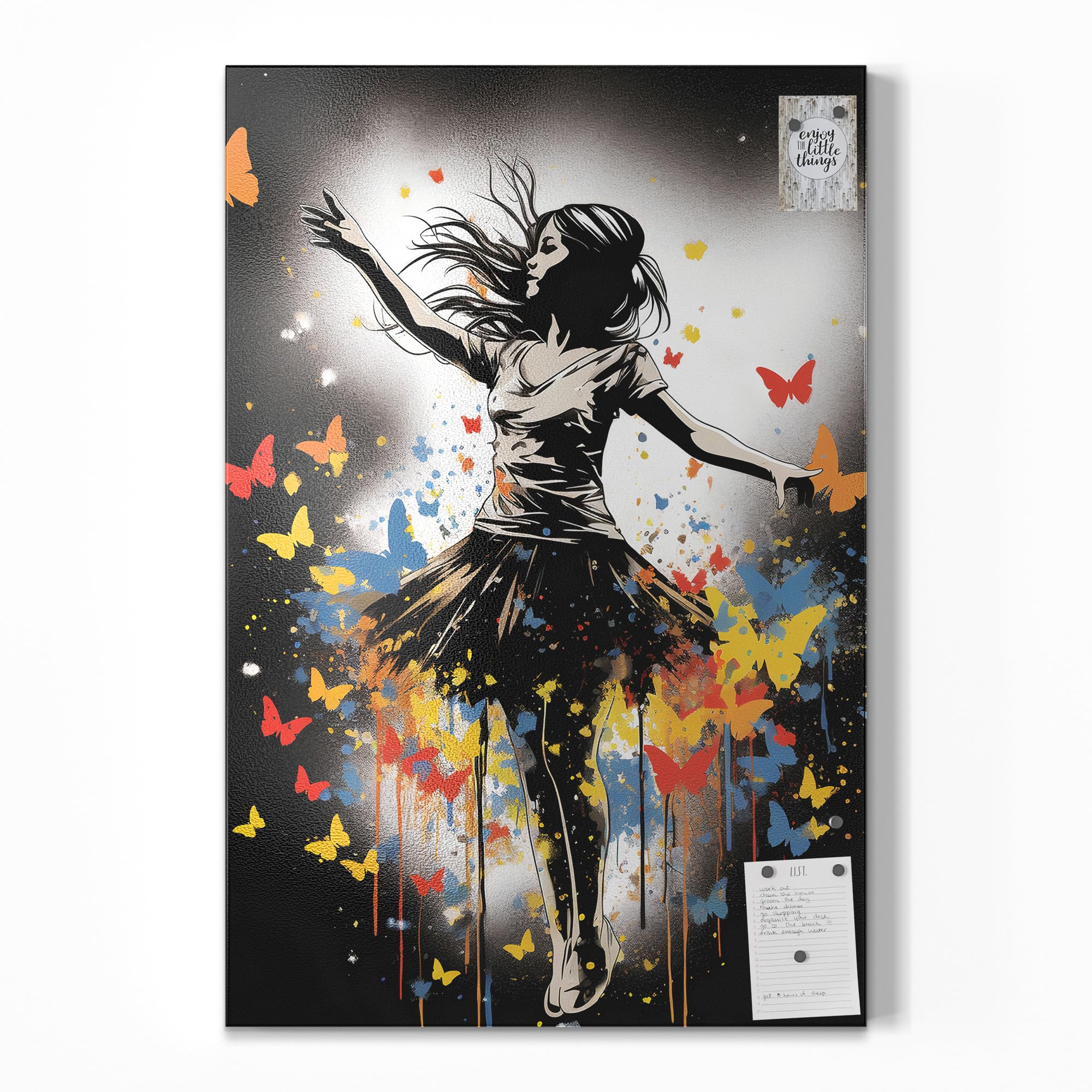 Metalowa tablica magnetyczna, wymiary 60 x 90 cm, motyw "dziurkacz motyla", tablica suchościeralna na wszystkie magnesy, tablica magnetyczna do kuchni i biura, designerska tablica magnetyczna