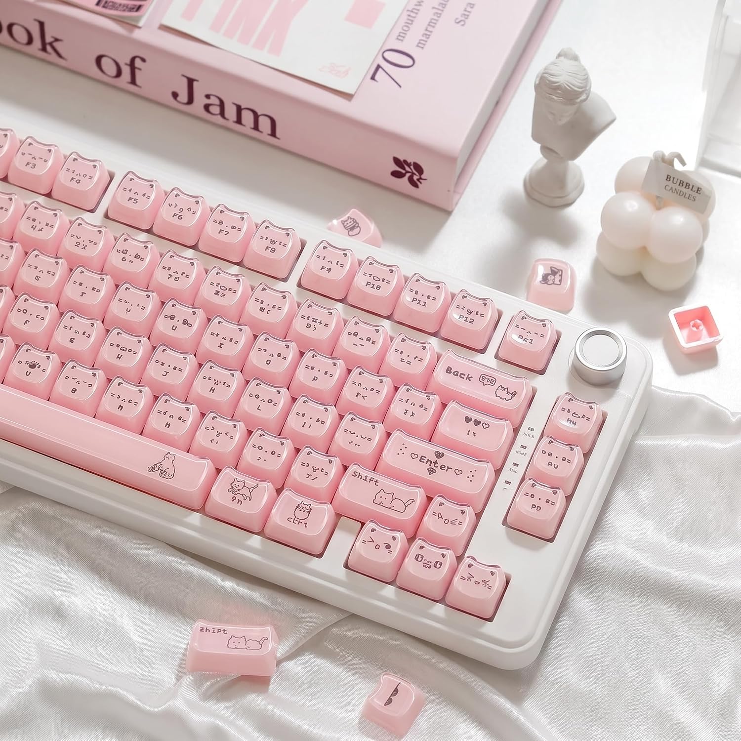 SEUNKWANG EWEADN Kawaii Jelly Keycaps for Mechanical Keyboards, Transparent PC Cute Kitten Keycap Set, Mao Profile MX Switch Compatible, Aesthetic Desk Workspace Accessories (Pink)