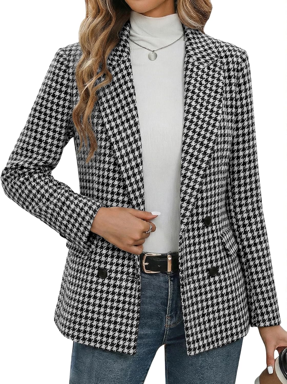 Mina Self 2026 Spring Women's Tweed Houndstooth Blazer Jacket - Plaid Fully-Lined Double-Breasted Casual Work Trendy Pocket