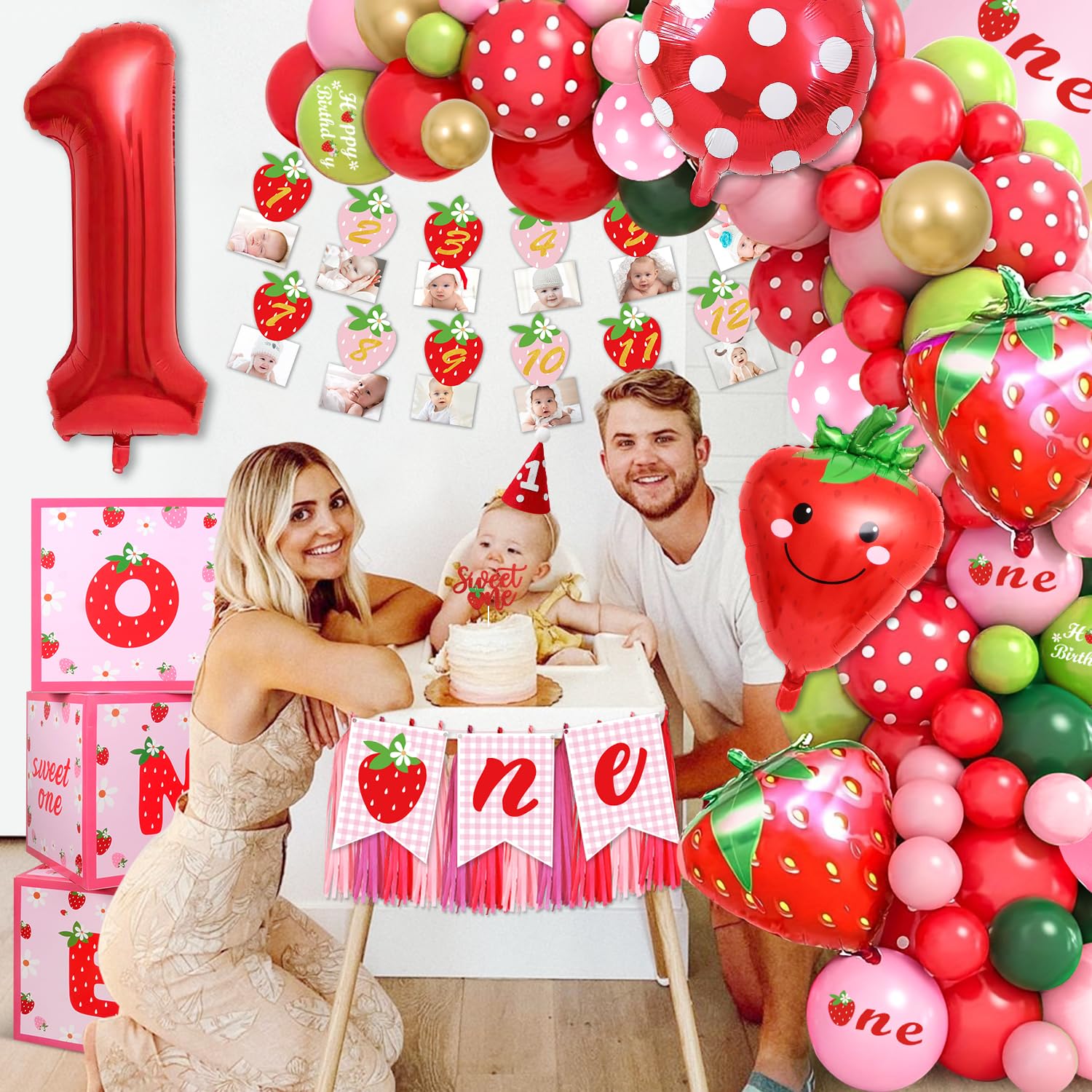 Deko 1. Geburtstag Mädchen, Luftballon Girlande Erdbeere, Erdbeere Themed Geburtstagdeko 1 Jahr, 84 Stück Geburtstagsdeko 1 Jahr Mädchen, für 1 Geburtstag Mädchen, Geburtstagsdeko Mädchen