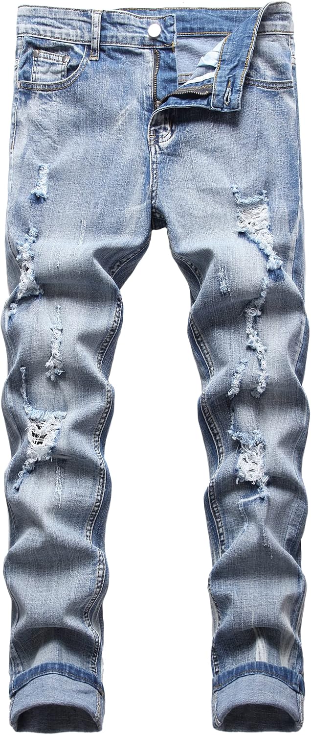 JUNBAOSS Men’s Slim Fit Stretch Jeans Ripped Skinny Jeans for Men, Distressed Straight Leg Fashion Comfort Flex Waist Pants