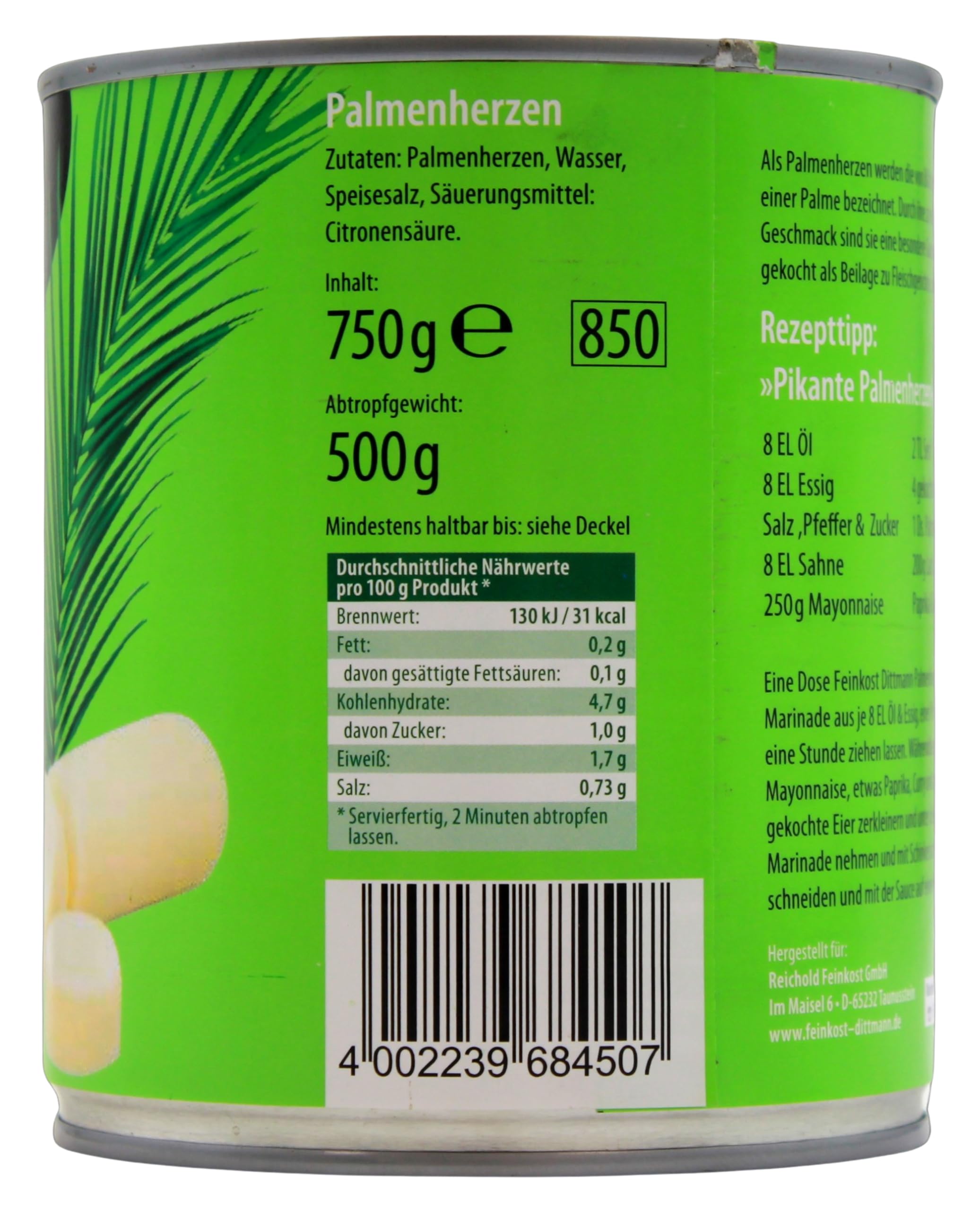 Feinkost Dittmann Palmen Herzen natur mild würzig, 6er Pack (6 x 500g)