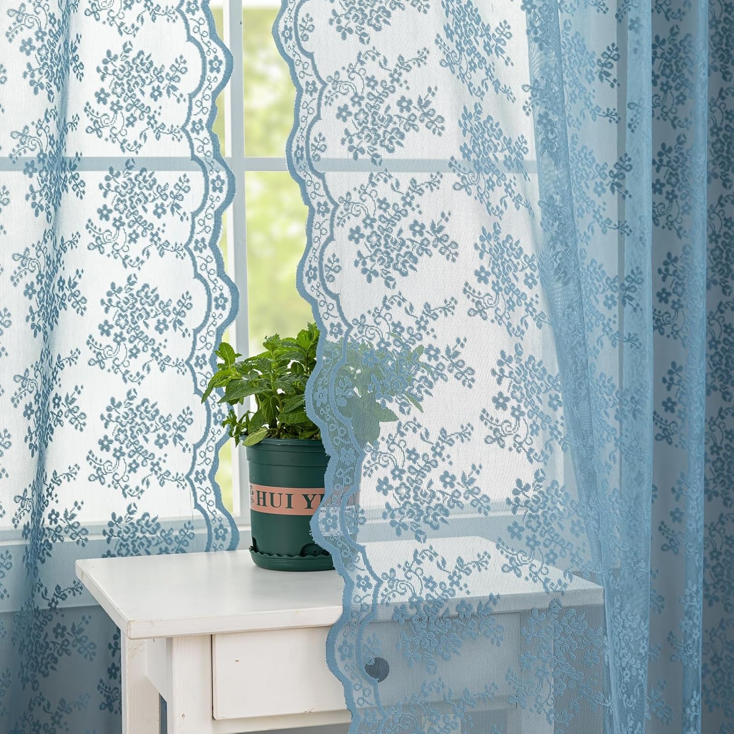 Slate Blue Lace Curtains 54 Inch Length 2 Panels for Bathroom Vintage Floral Kitchen Short Sheer Window Panels with Scalloped Edge Boho Coatal Small Window Treatments Rod Pocket W52 X L54 Denim Blue — image 1
