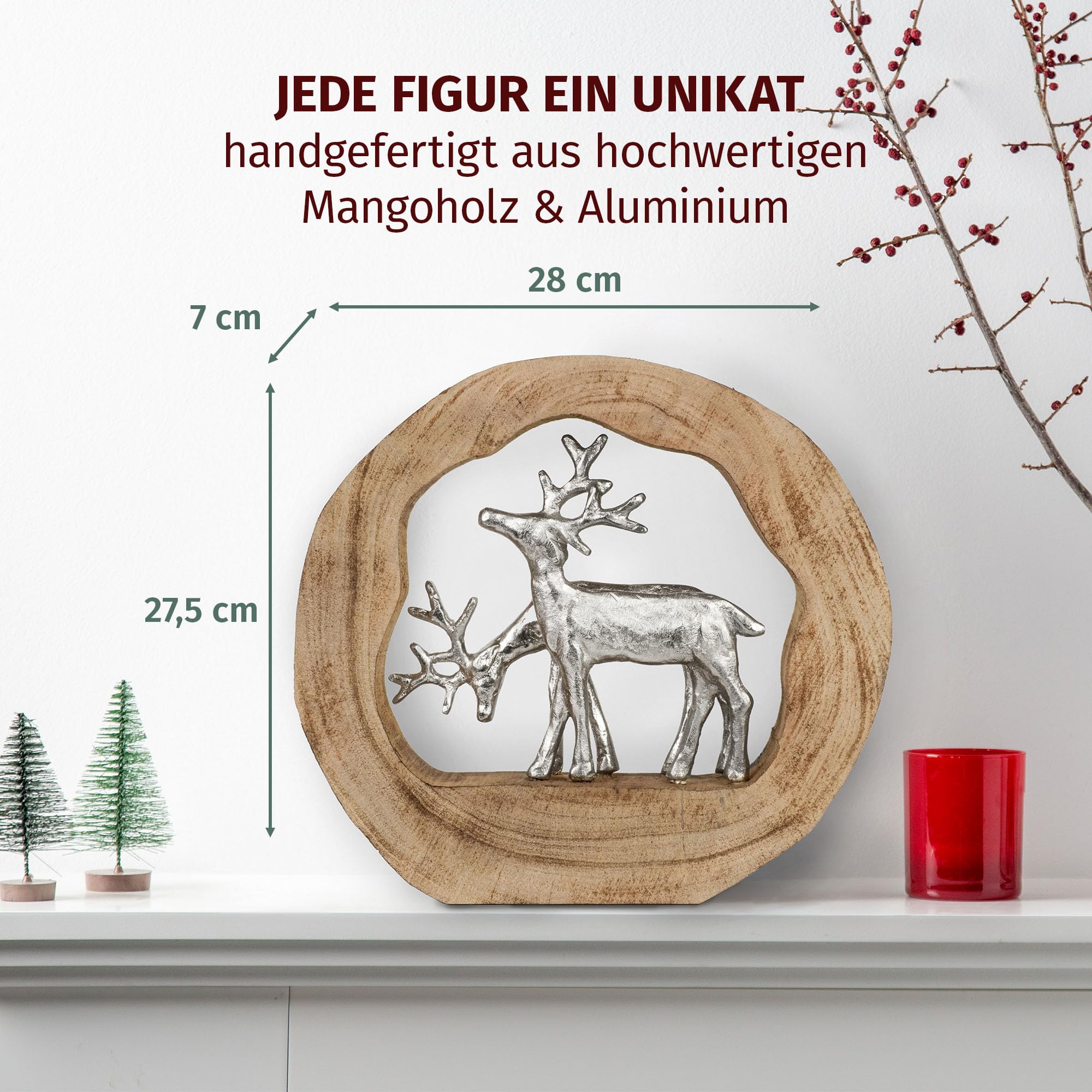 Moritz Dekofigur Rentiere im Holzring aus Mangoholz und Aluminium 27,5 cm Moderne Holzskulptur mit Zwei Rentieren für Tisch Kommode oder Fensterbank Handarbeit Unikat im natürlichen Design