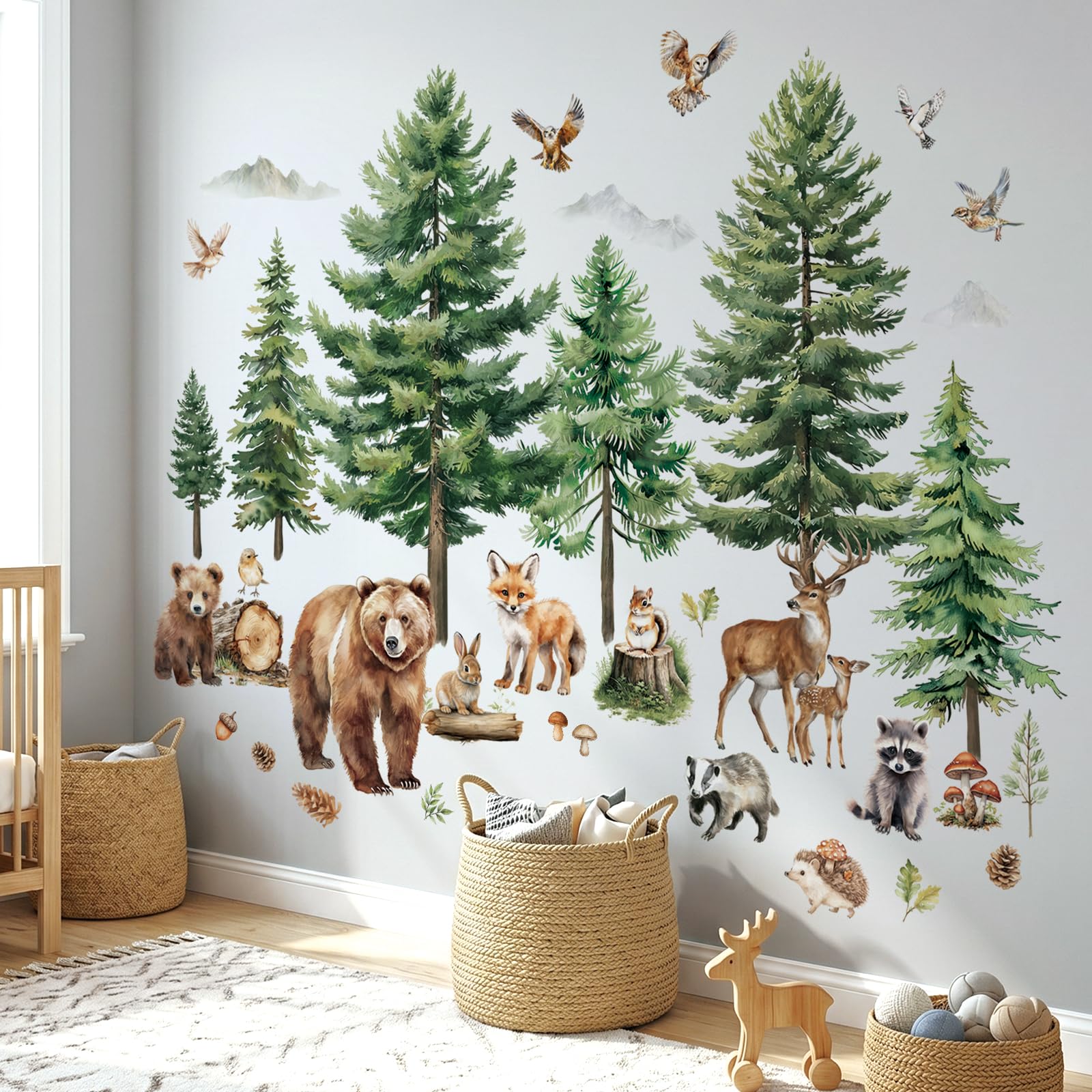 DECOWALL Sticker mural forêt – Aquarelle ours, cerf & renard avec arbres, autocollants muraux détachables pour chambre d'enfant, chambre de bébé, salle de jeux (SG4-2520)