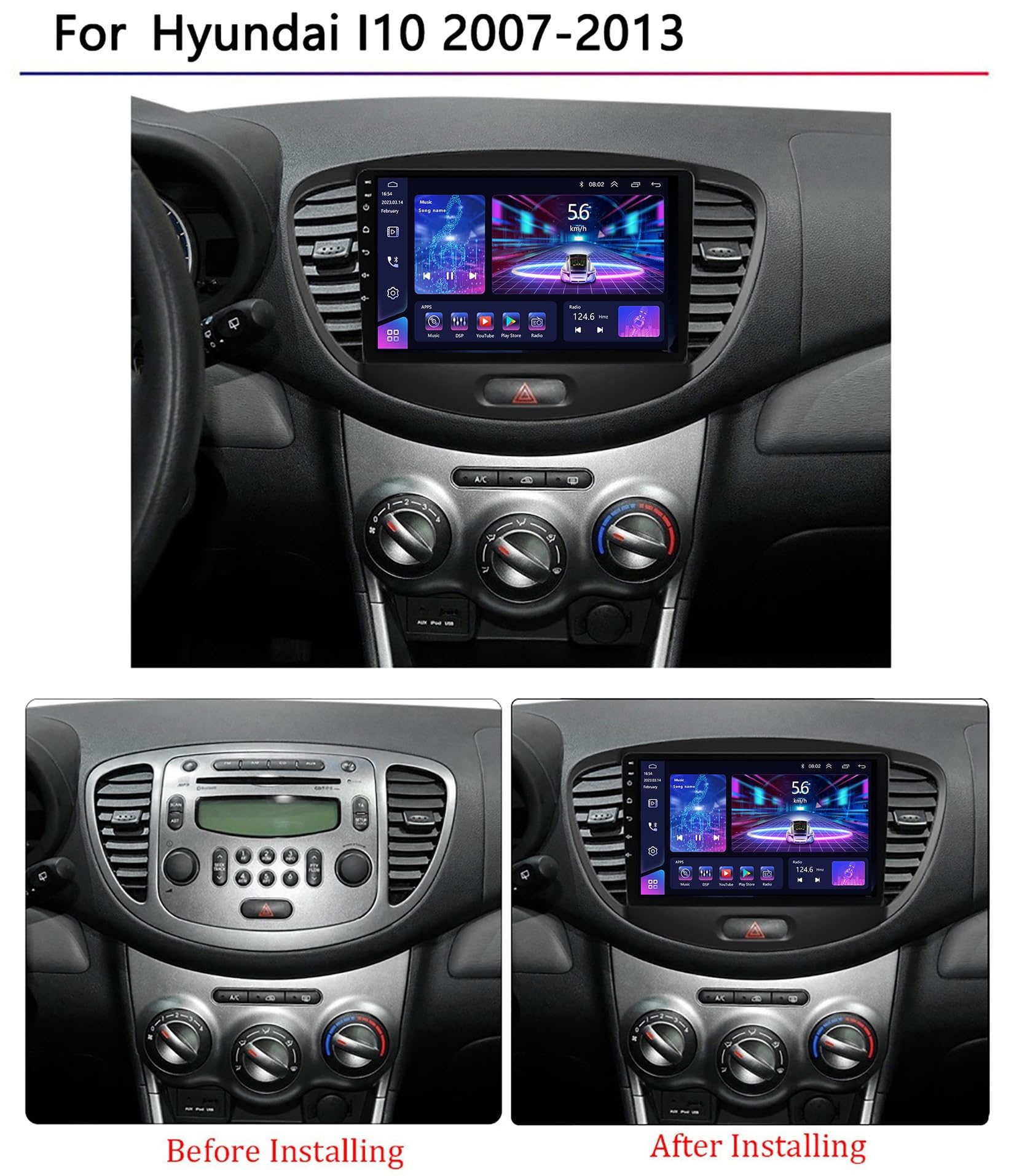 Autoradio Android pour Hyun-dai I10 2007-2013 9'' Écran tactile Multimédia Accessoires de voiture Autoradio à écran tactile avec Bluetooth GPS Support Mirror Link SWC (Couleur : Y1E WIFI 4 c