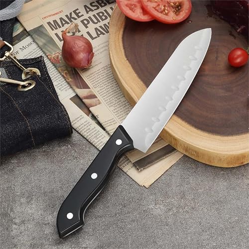 Miniatura 5 de BEWOS Cuchillo Santoku de 7 pulgadas, cuchillo de cocina profesional de acero inoxidable con varilla de afilado, juego de cuchillos de chef ultra