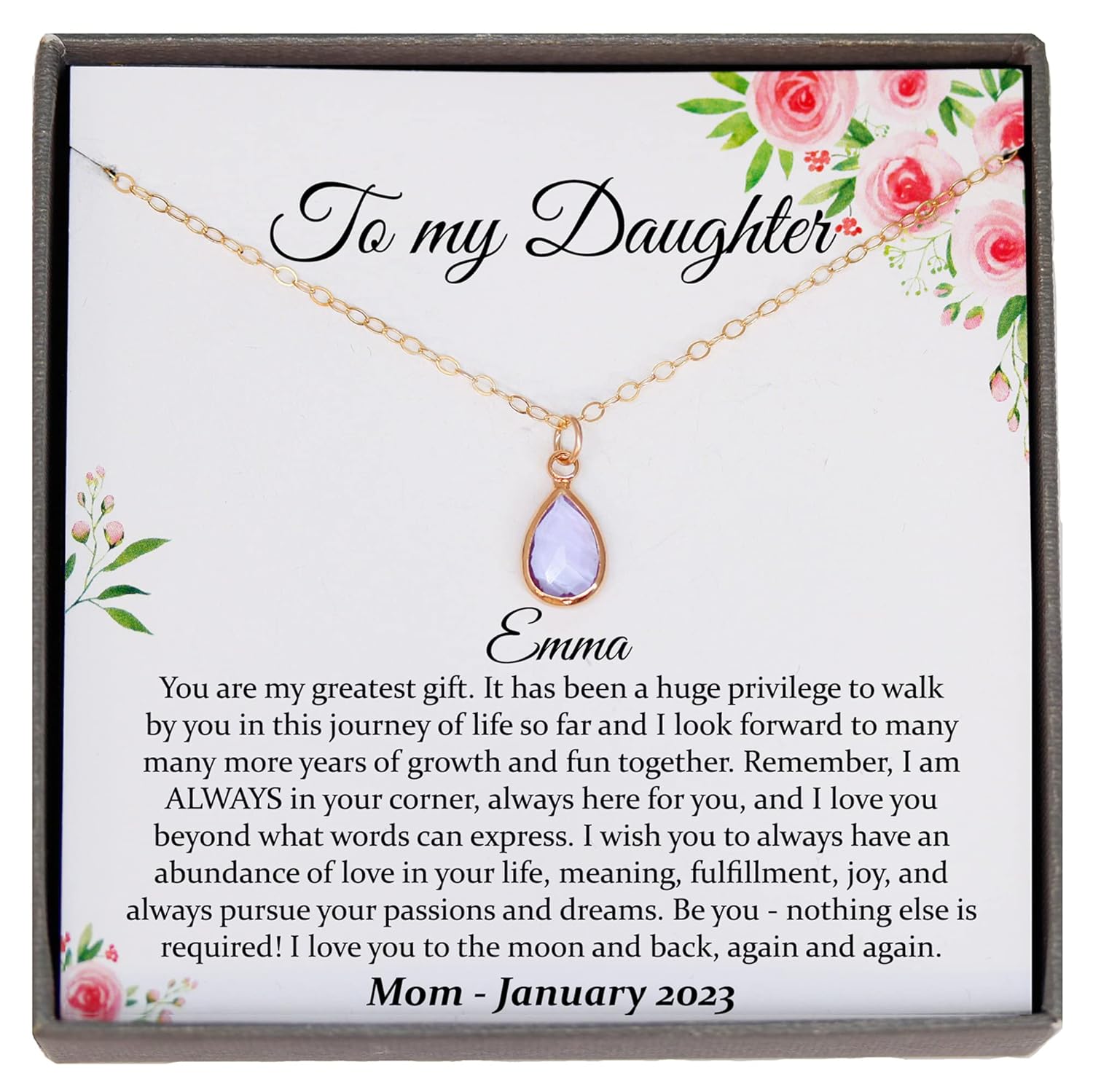Personalized Daughter Necklace from Mom or Dad, Birthstone Necklace with Meaningful Message, 14K Gold Filled