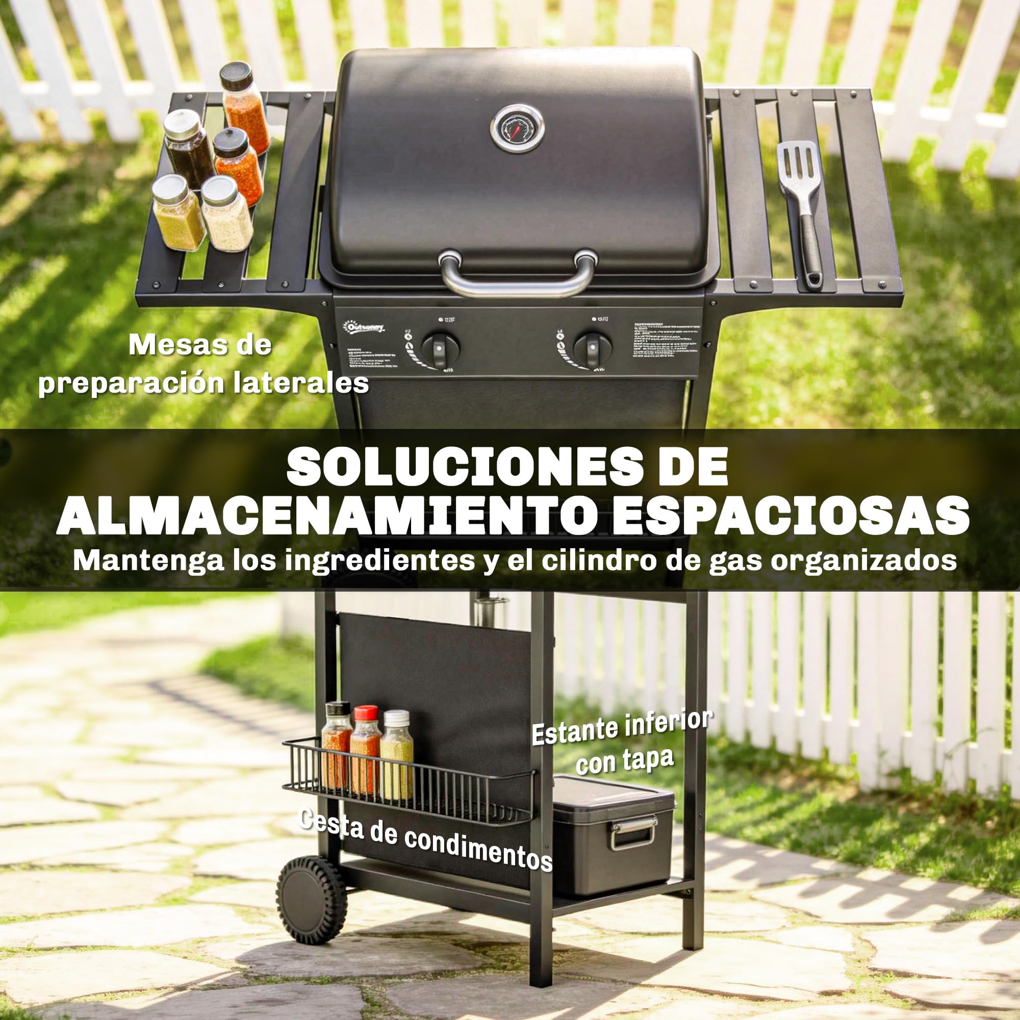 Outsunny Barbacoa de Gas BBQ Gas con 2 Quemadores 5 kW, Barbacoa Portátil con Termómetro, Mesas Laterales, Estante, Rejilla Calentadora, Encendido Piezoeléctrico, Bandeja de Grasa y 2 Ruedas, Negro