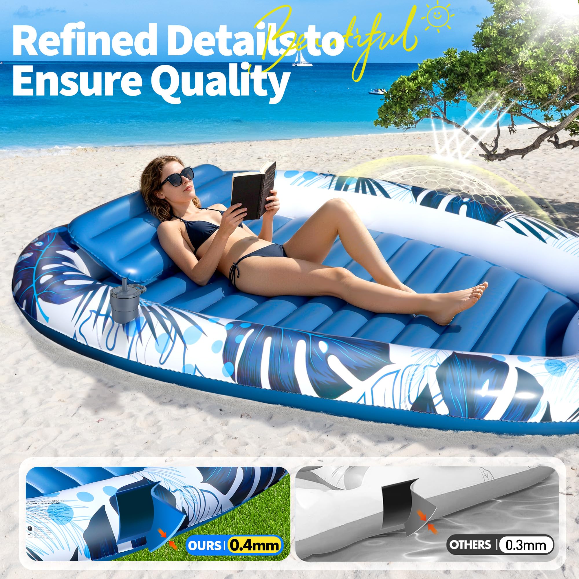 LanOcean Colchoneta Piscina Adultos, 230x170cm Flotadores Piscina Adultos con 2 Portavasos, Colchonetas Hinchables para Piscinas Gigante con Reposacabezas, Colchoneta Playa para Piscinas y Jardines