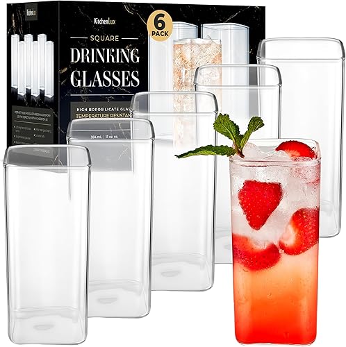 Juego de 6 vasos cuadrados de vidrio de 12 onzas Juego de cristalería moderna Vajilla estética moderna para Highball, whisky, cóctel, cerveza,