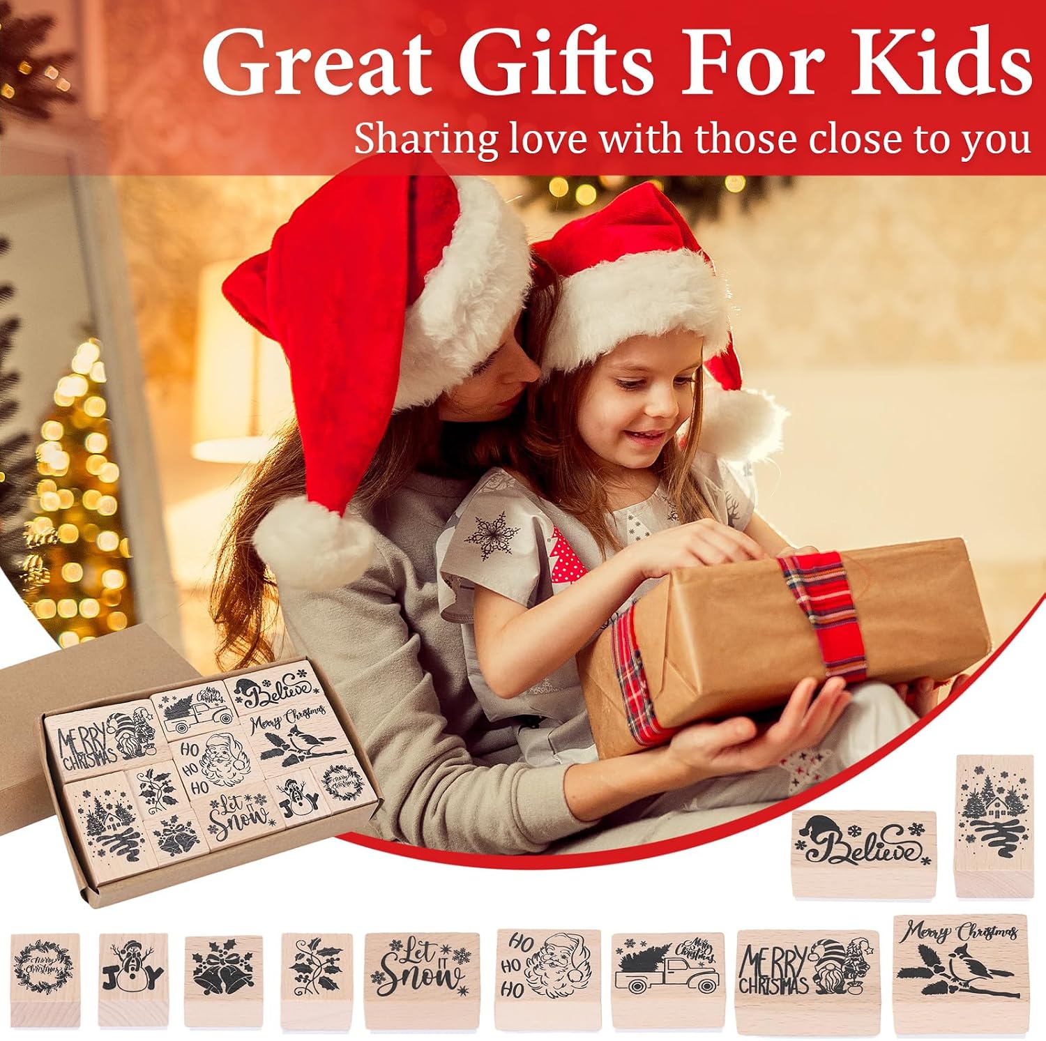 JarThenaAMCS 11 Pcs Merry Christmas Wooden Rubber Stamps Xmas Mixed DIY Craft Stamps for Party Gift Decor Scrapbooking Cards Making