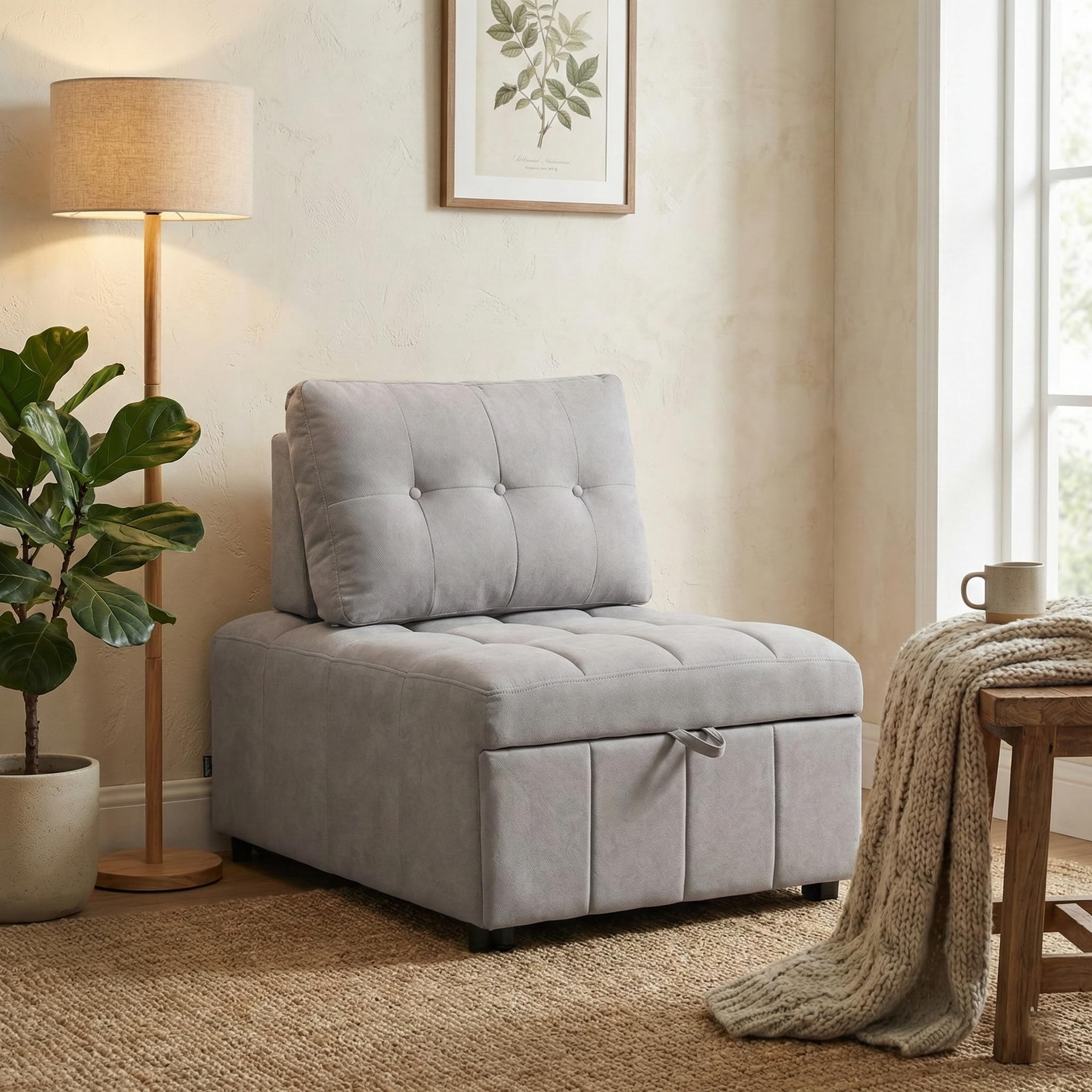 Brigros - Poltrona Letto Singolo In Tessuto Con Schienale Traslante, Poltrona Relax Allungabile A Letto A Scomparsa Singolo Salvaspazio, Pouf Per Camera O Salotto (Grigio Chiaro)