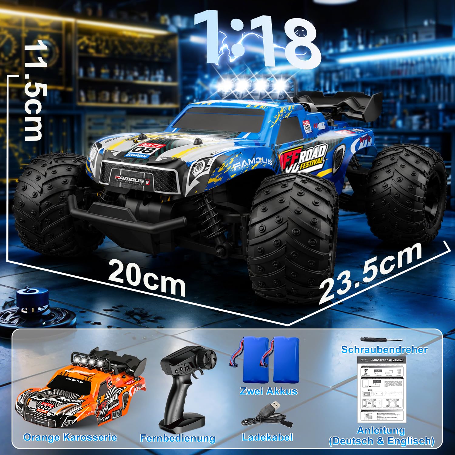 28km/h Ferngesteuertes Auto ab 5 6 jahre, 1:18 Monstertruck Ferngesteuert | RC Auto mit Licht, Ferngesteuertes Auto mit Zwei Karosserie, 2Akku 60 Minuten, 2,4GHz RC Buggy Rennauto ab 5 6 7 8 Jahre