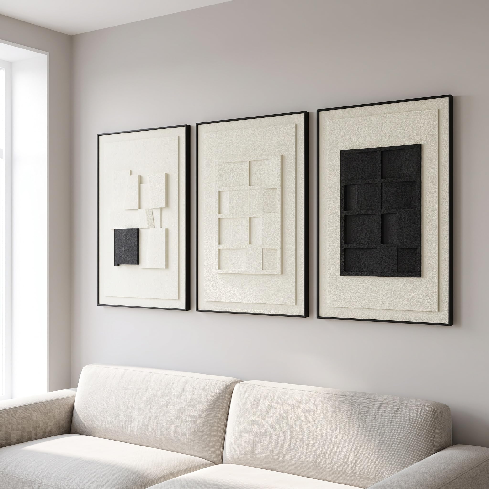 Photo 1 of AMAATE 3Pcs 3D Abstract Geometric Sandstone Relief Wall Art Black Framed