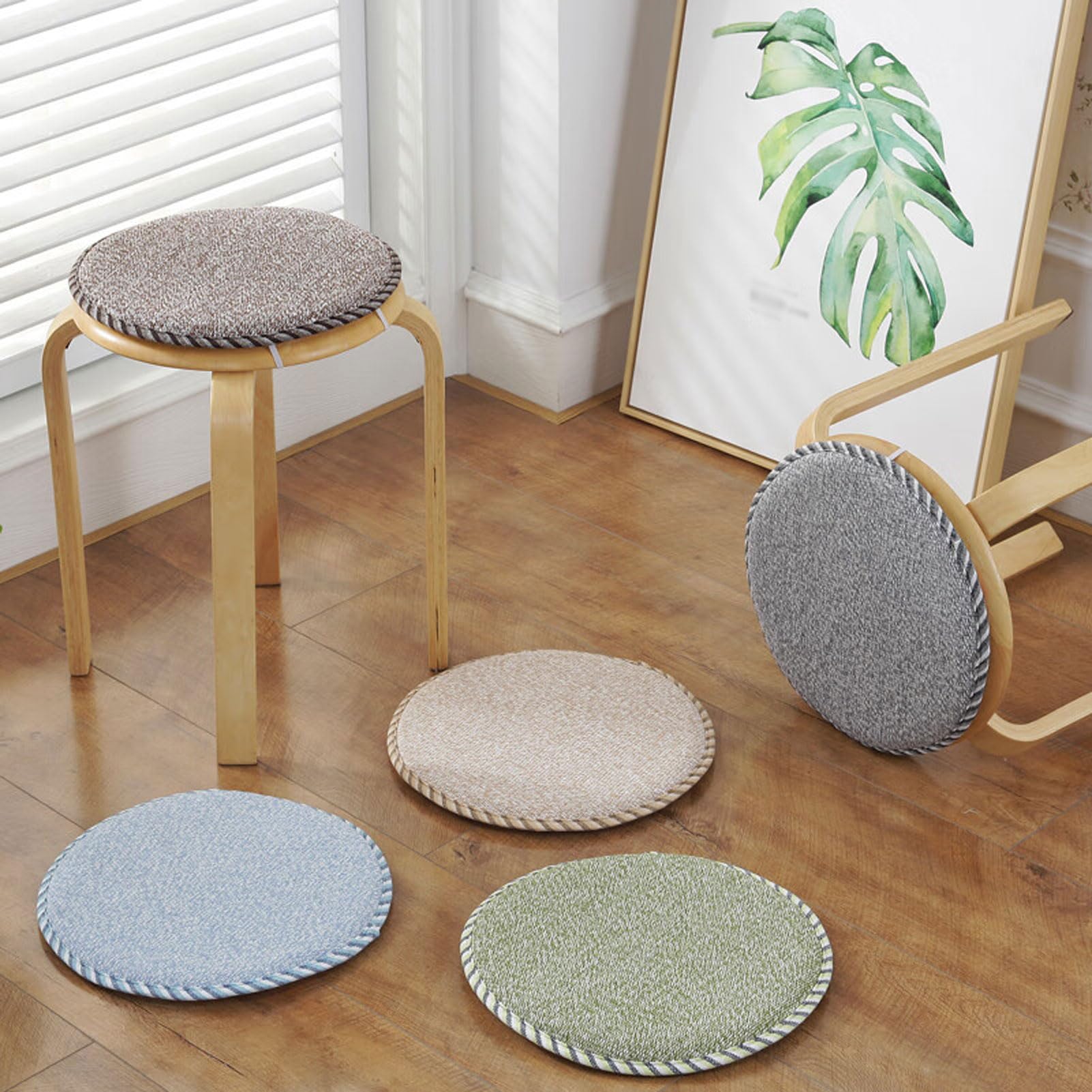 Confezione da 4 Cuscini Rotondi per sedili - Stile Peluche o Lino, Lavabili in Lavatrice, Base Antiscivolo e Lacci, 6 Misure (20-50 cm), Imbottitura in Poliestere (K 50 cm/20 Pollici Cotone