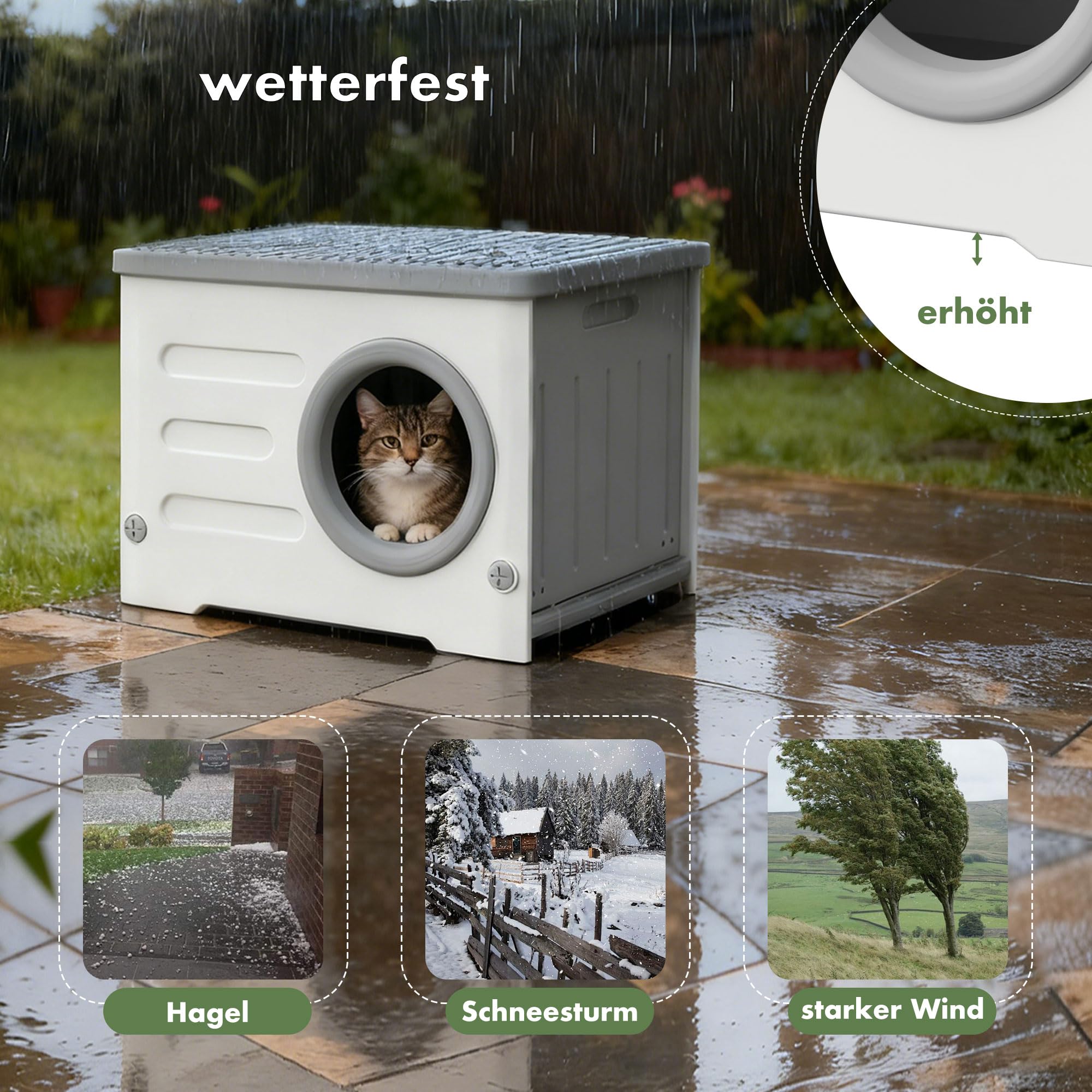 Katzenhaus Outdoor Wetterfest mit Kissen (Grau und Weiß)