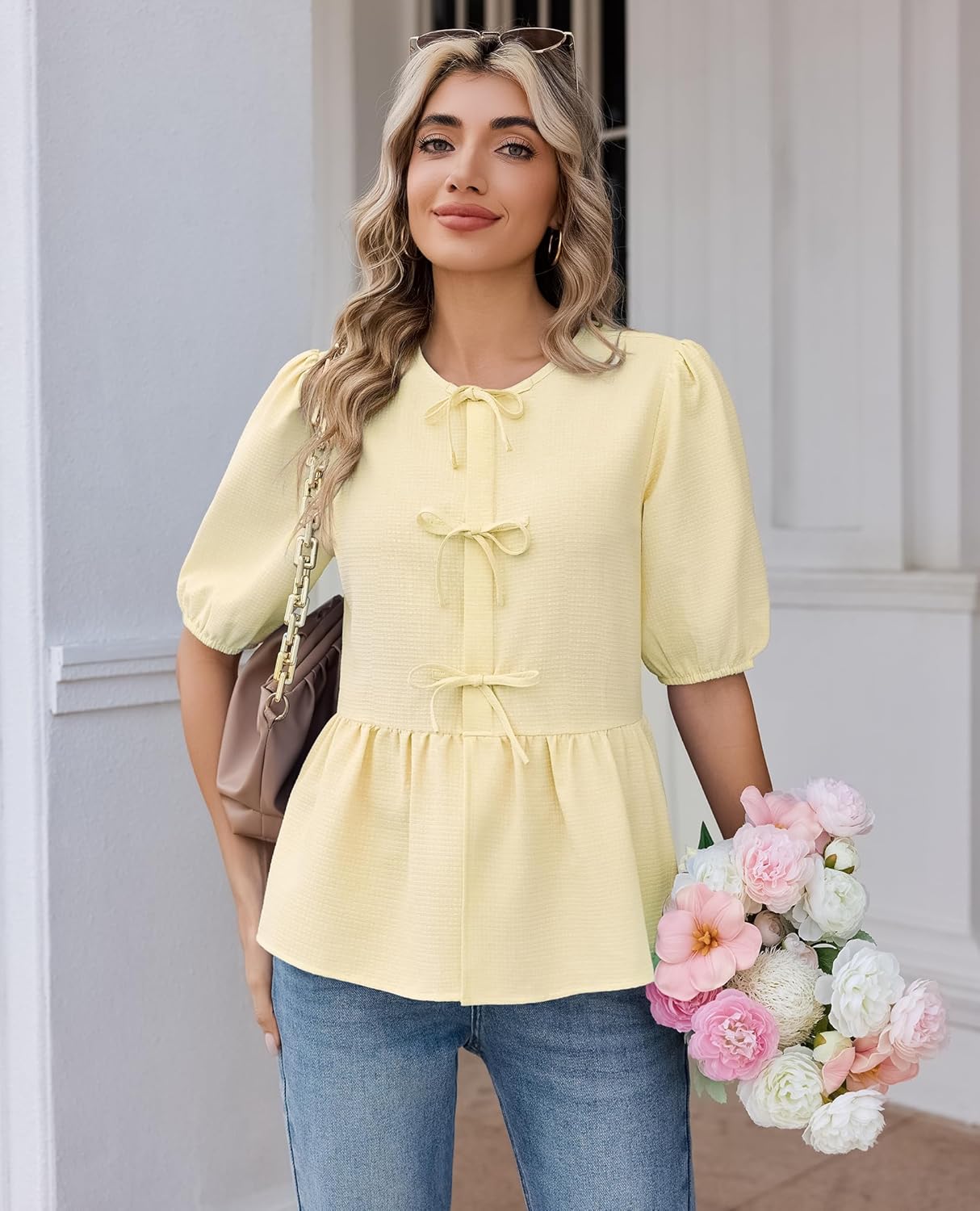 siliteelon Women's Babydoll Tops Peplum Blouse with Tie Front & Puff Sleeve Cute Summer Trendy Shirts - Image 3