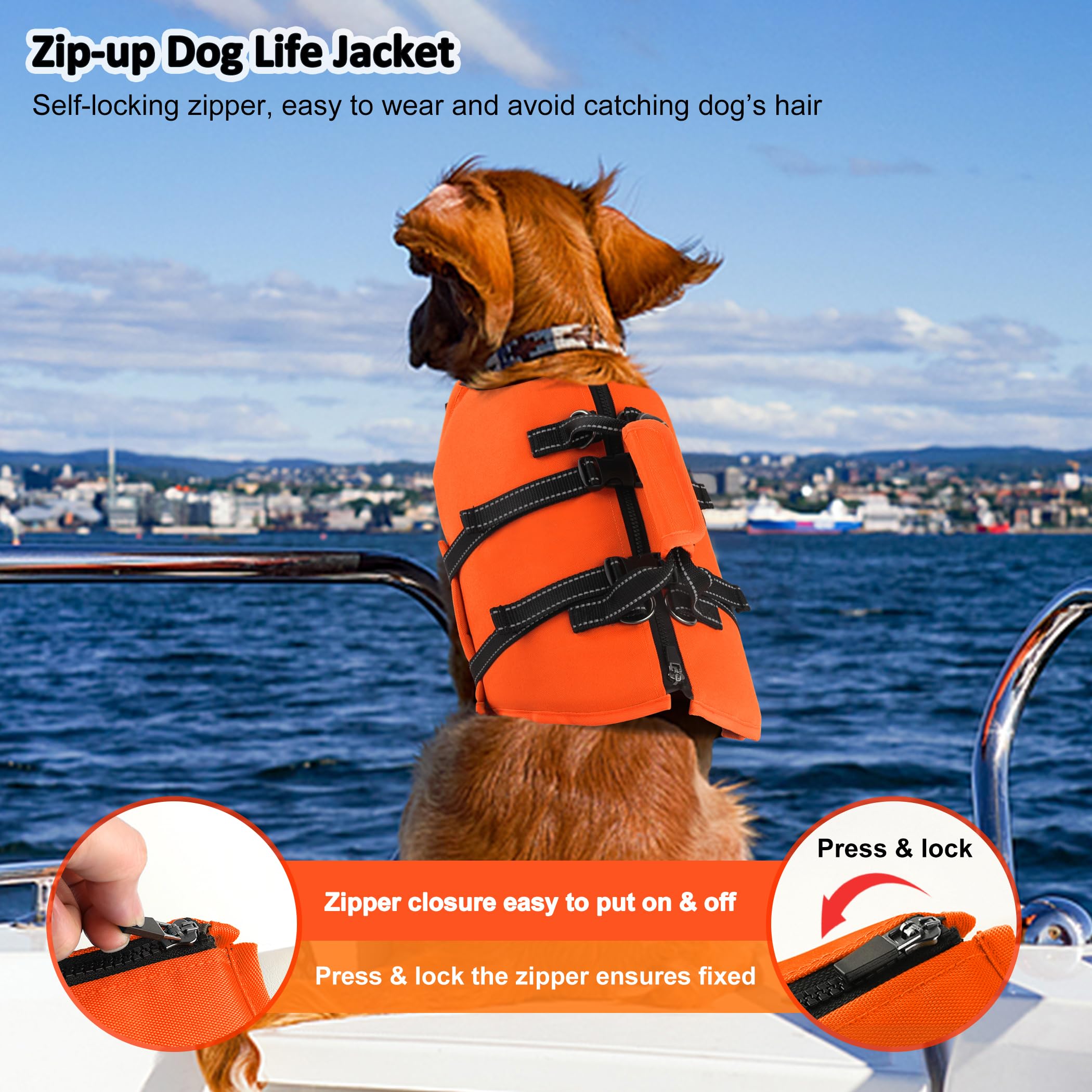 Gilet de sauvetage pour chien avec laisse de 1,2 m, gilet de sauvetage réfléchissant pour animal domestique avec fermeture éclair et poignée pour la natation, le bateau, flottabilité élevée réglable
