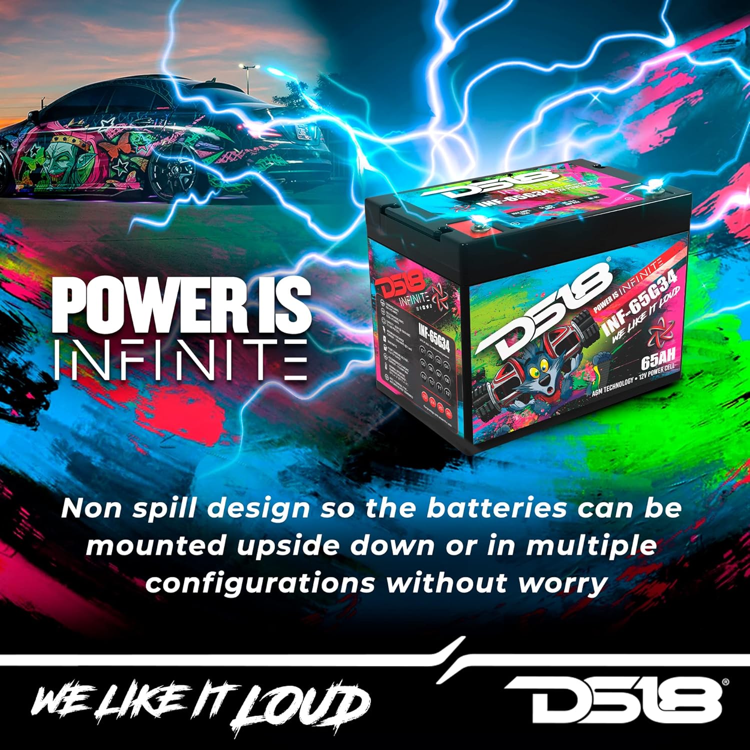 DS18 INF-65G34AH INFINITE 65 AH Group 34 Power Cell Battery Maintenance Free - High Performance for Car Audio, Motorsports, Motorcycle, Jet Ski, ATV & UTV
