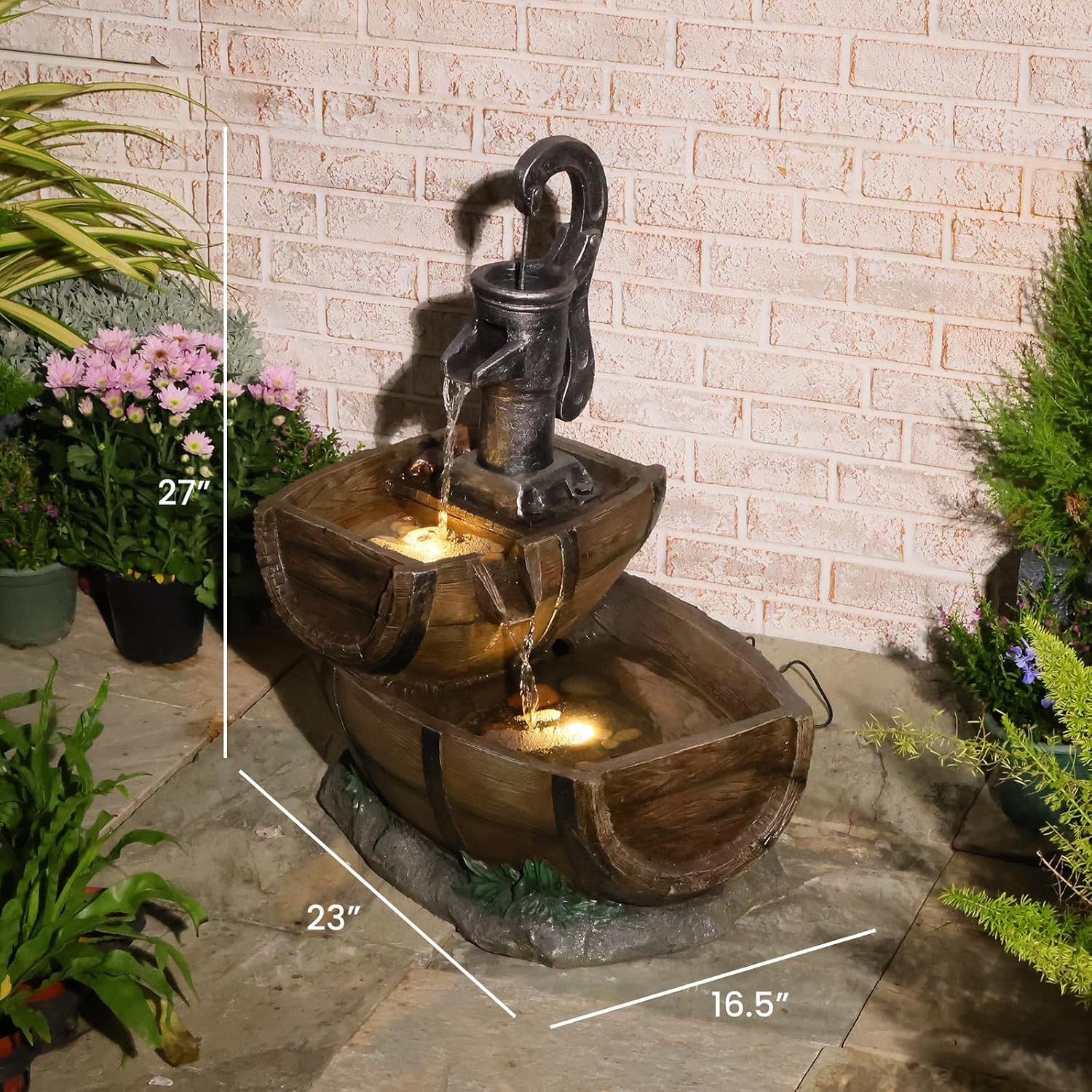 Sunlinua 27" Tall Rustic Outdoor Fountain 2-Tier Barrel Rock Natural Waterfall Water Fountain Outdoor Resin with Pump, LED Lights for Garden, Patio, Porch