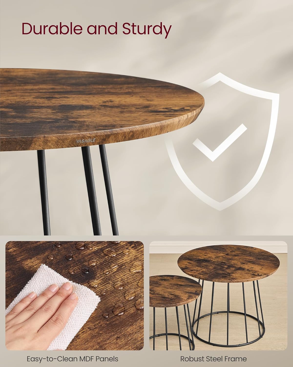 Close-up of the rustic brown MDF tabletop and robust steel frame, highlighting durability