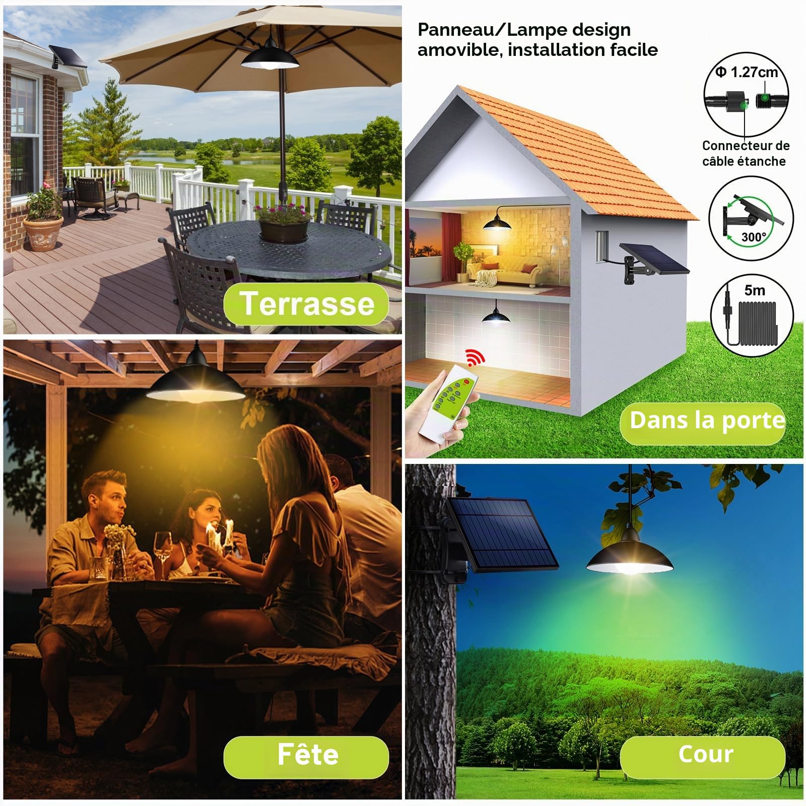 INTELAMP Lampes solaires à suspendre pour l'extérieur et l'intérieur - Lampe solaire LED avec télécommande - Étanche - Pour tentes, pavillons, entrepôts, poulaillers avec câble de 5 m