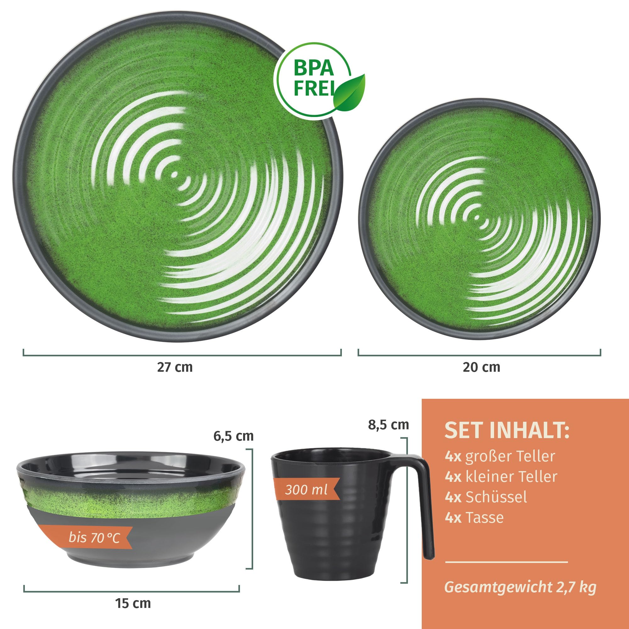 Set di stoviglie da campeggio in melamina, per 4 persone, colore: verde pietra + 4 tazze, stoviglie da picnic, barbecue