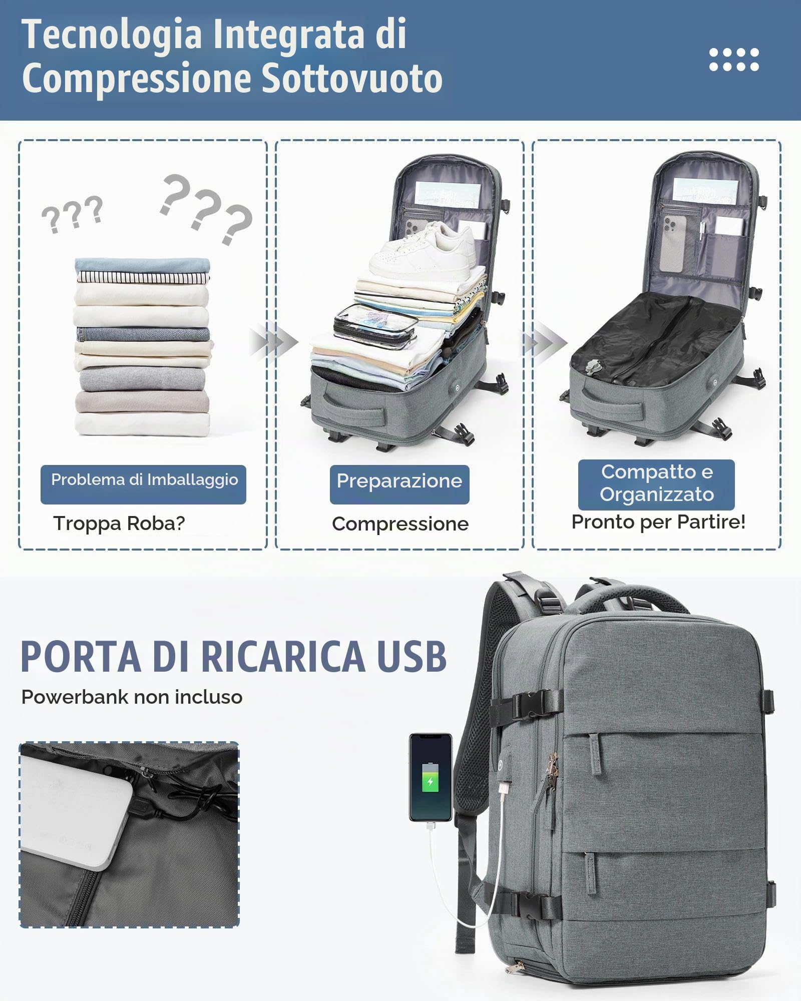 SZLX Zaino Ryanair 40x30x20 Sottovuoto con pompa Zaino da Viaggio 40x30x20 Ryanair Wizzair Bagaglio a Mano 40x20x25 Donna da impermeabile Zaino Casual Laptop da 14 Pollici con Scomparto per Scarpe