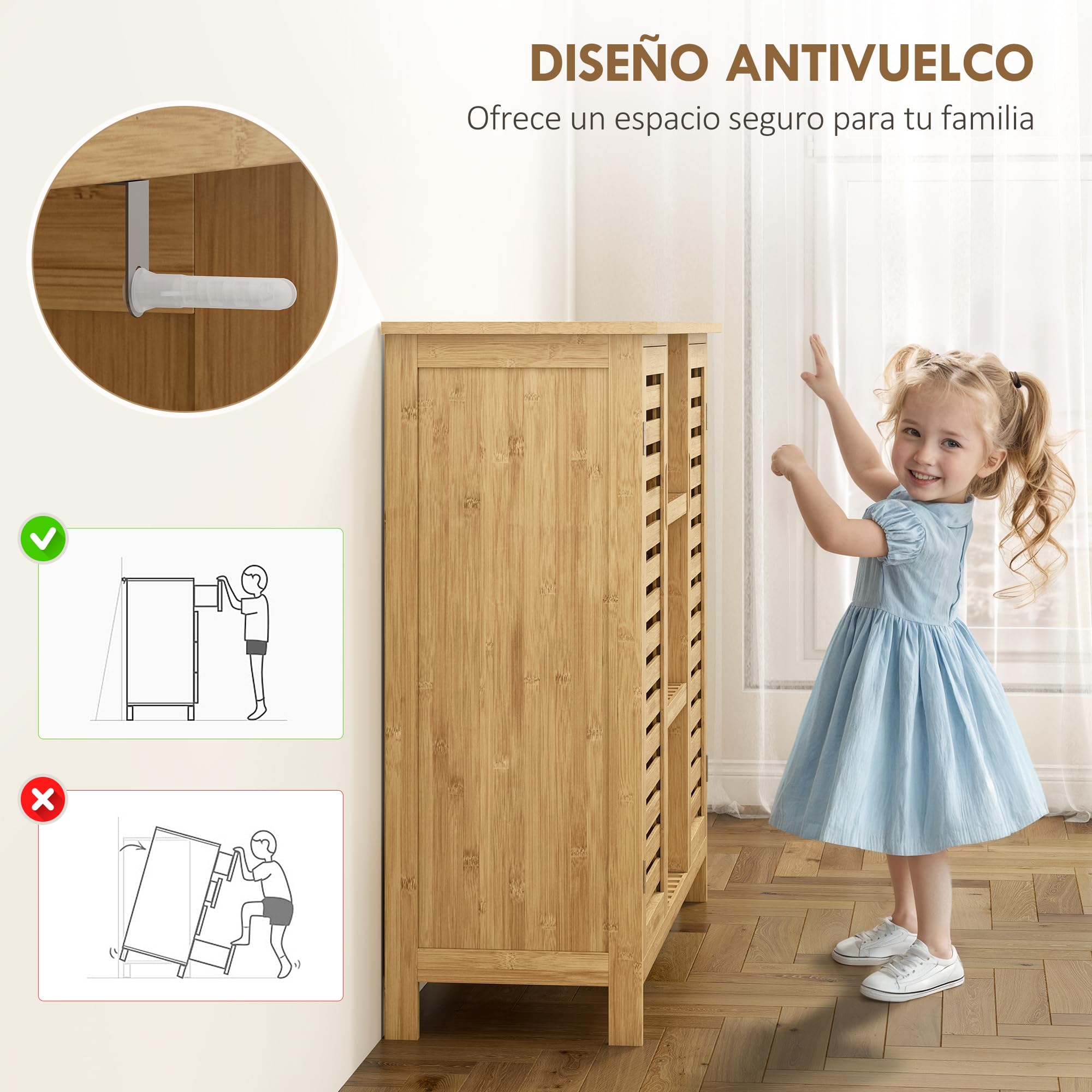 Armario de Almacenaje de Bambú 2 Puertas de Lamas 100x33x86 cm Natural | HOMCOM, Mueble Recibidor con Estantes y Compartimentos Abiertos, para Salón, Entrada