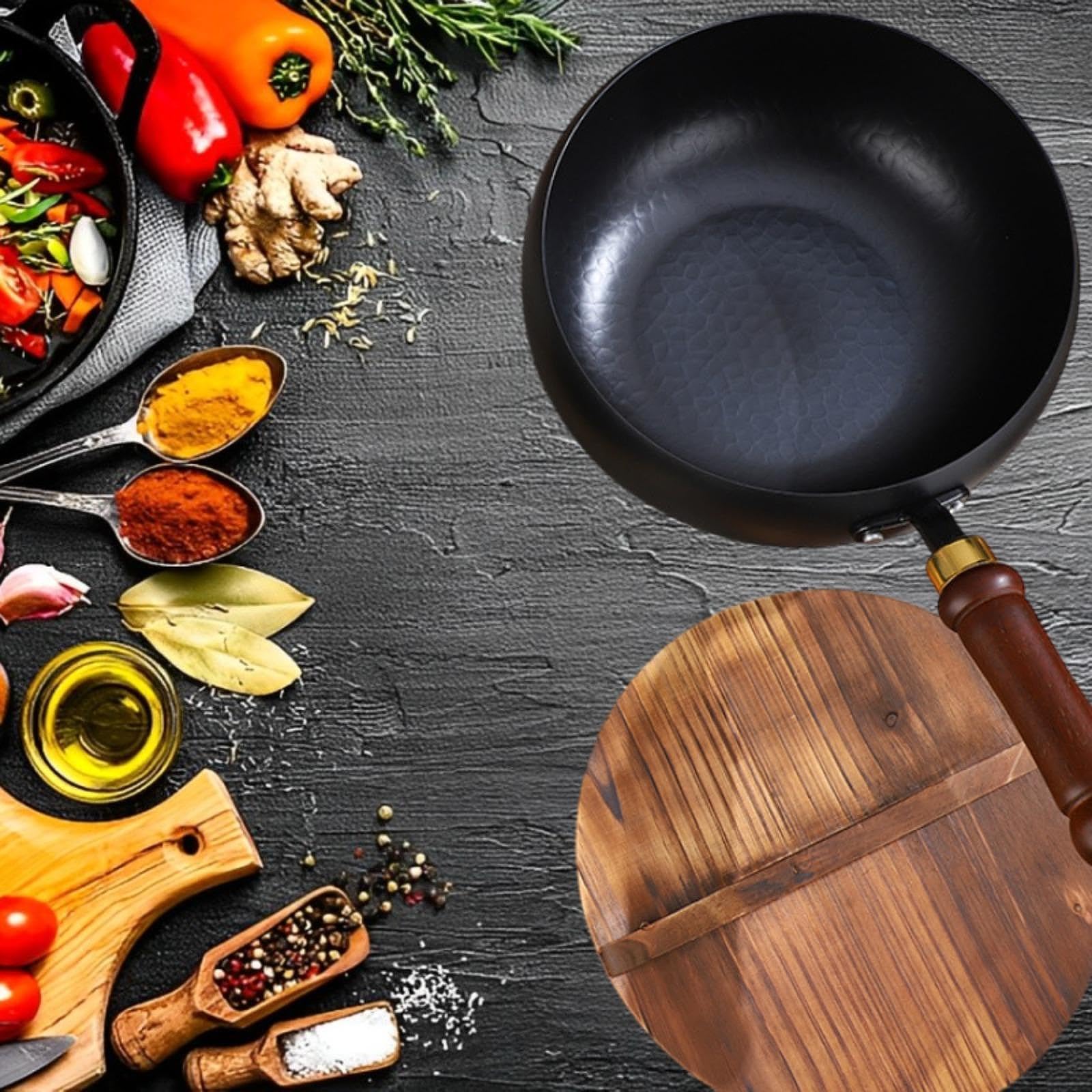 Wok in Ferro con Coperchio in Legno per Tutte Le superfici di Cottura, martellato a Mano