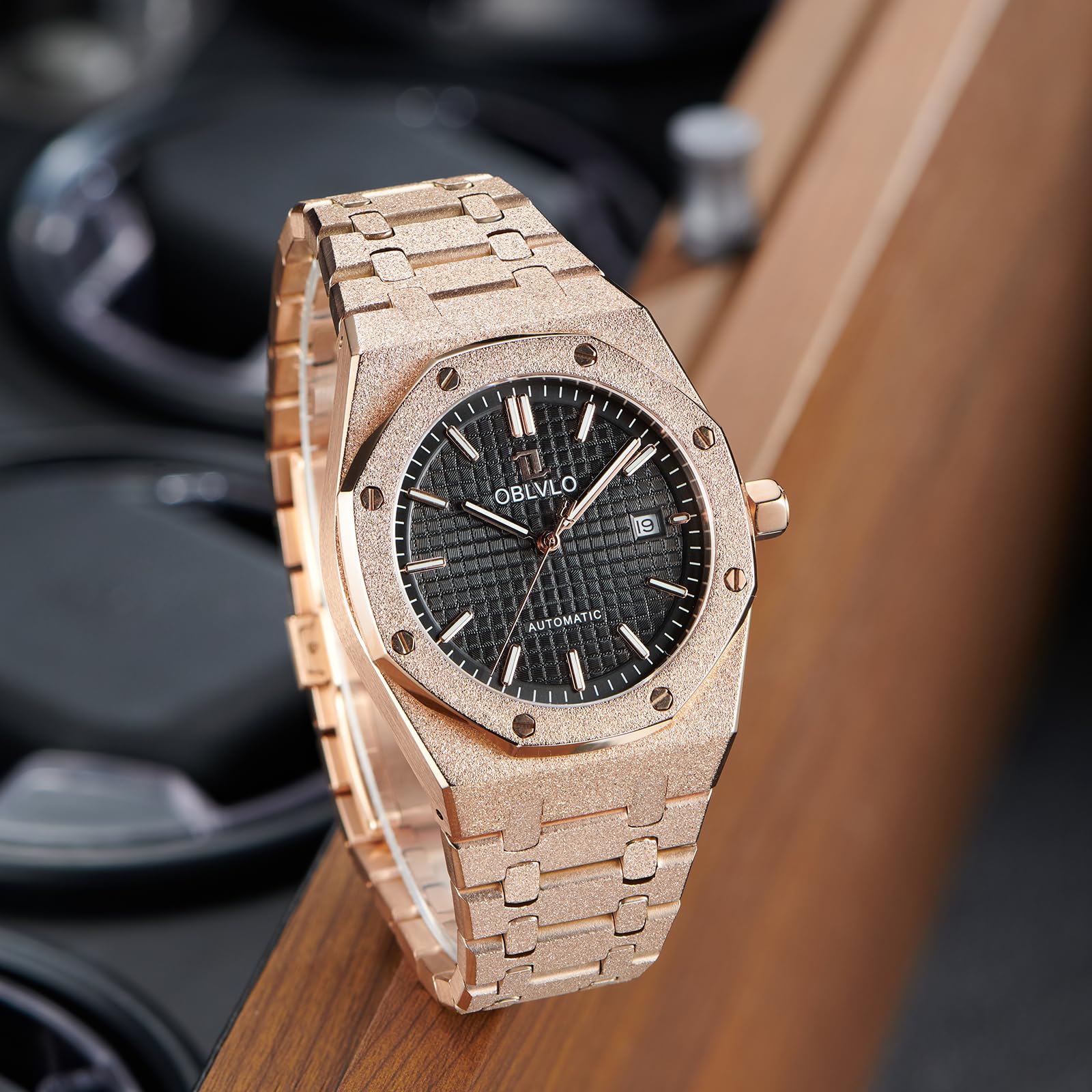 OBLVLO Orologio meccanico da uomo, in acciaio inox 316L, luminoso, 50 m, impermeabile, automatico, TM-ASP