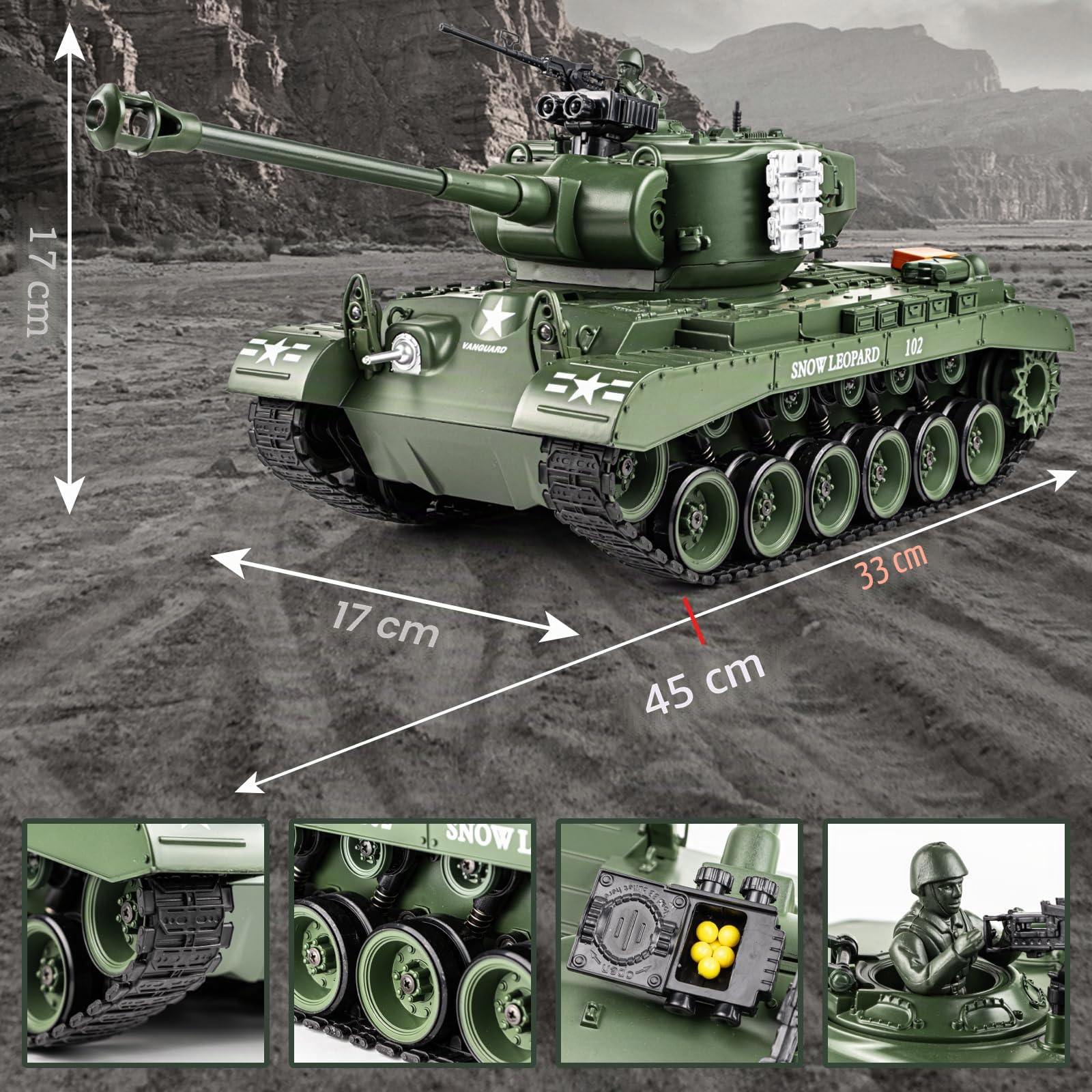 Supdex Tank Telecommande US M26, Char Télécommandé 1/18, Vert Armée Réservoir Télécommandé 2.4Ghz, Maquette Char Jouets avec Fumée, LumièRes, Réservoir Tir, Recul pour Enfants et Adultes