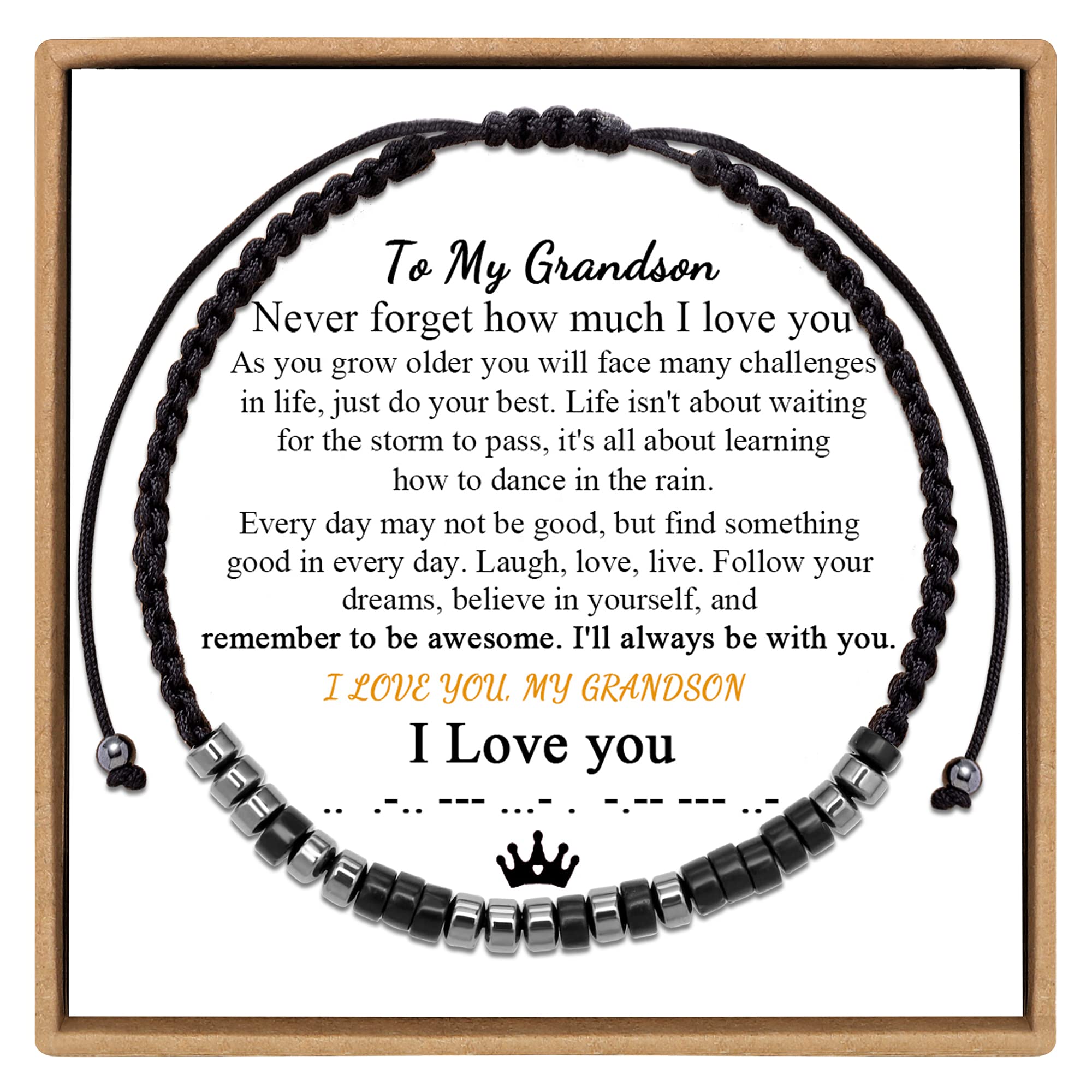 JoycuFF To My Grandson Gifts from Grandma Morse Code Bracelets Unique Birthday Thanksgiving Day Christmas I Love You Gifts Wrap String Strand Men's Bracelet