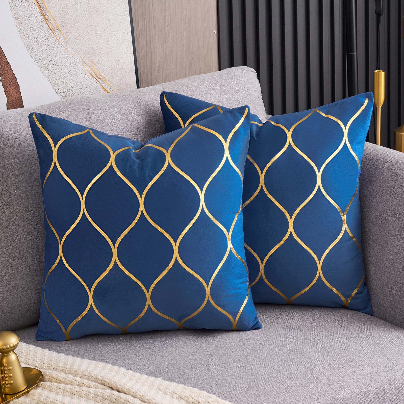 Arwllzz Navy Blue Velvet Cushion Covers 40x40 Set of 2 Luxury Golden Decorative Throw Pillow Case Soft Stripes Texture Modern Square Pillowcases for Sofa Couch Bedroom (16 x 16 Inch) — image 1