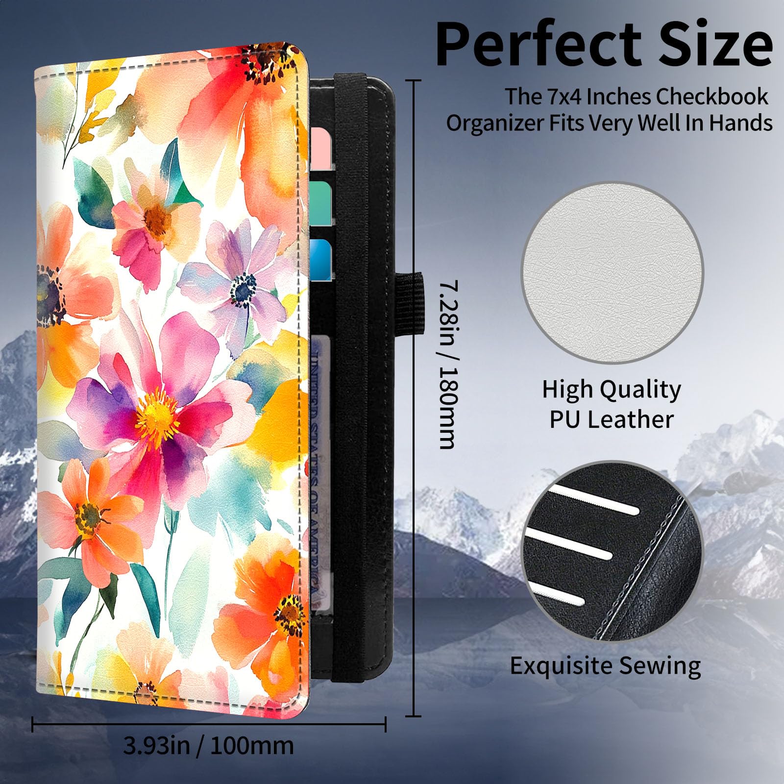 KUJKBFWJ Checkbook Wallet & Holder | Leather Cover for Duplicate/Side-Tear Checks | Slim Check Book Wallet Women & Men with Card Slots, Pen Loop | Premium Unisex Organizer, watercolor_floral