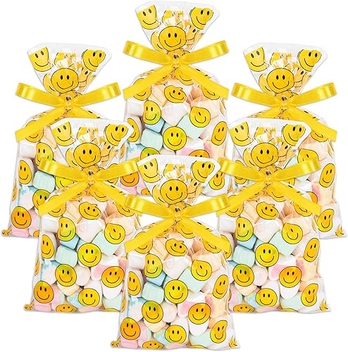Whaline 100 bolsas de celofán con patrón de sonrisa con cintas amarillas, bonitas bolsas de regalo para violonchelo, bolsas de golosinas planas