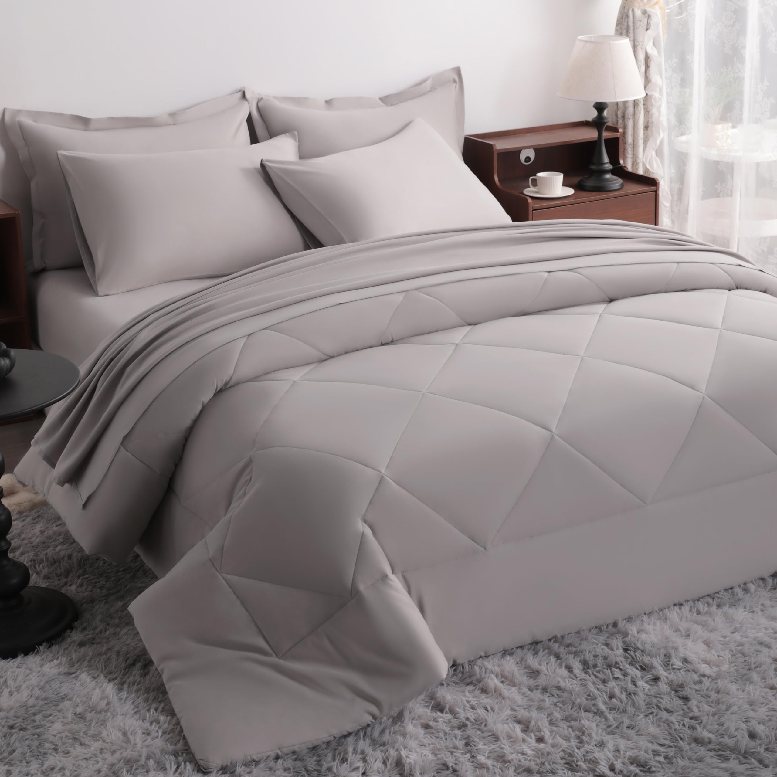 NTBAY Queen Microfiber Bed in a Bag, Comforter Set 7 Piece, Smoke Grey