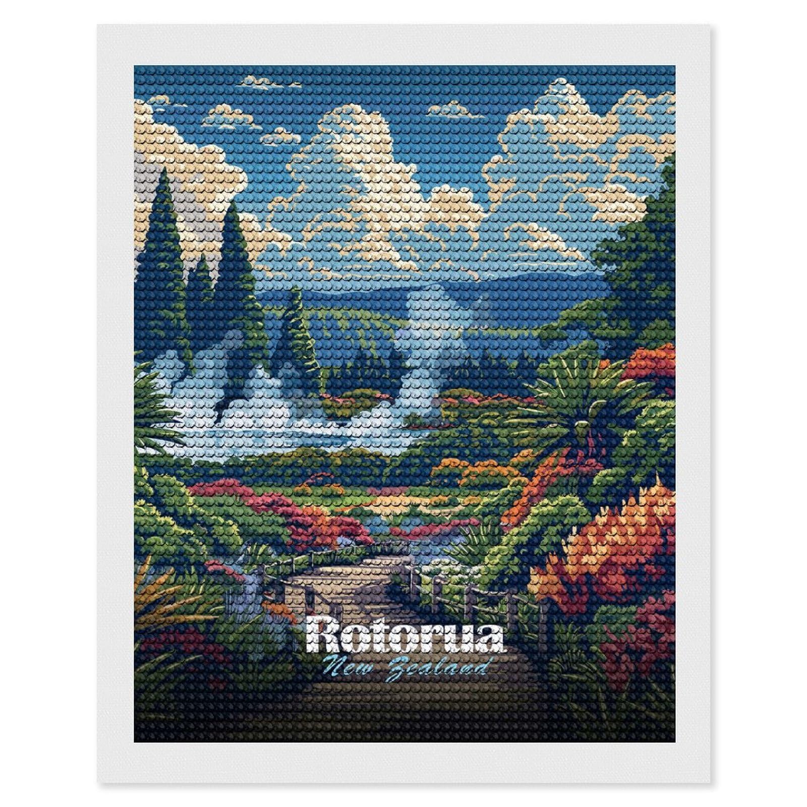 Junmoney Rotorua New Zealand Landscape Art Round Drill Diamond Painting 16"x20", for Craft Lovers, Stress Relief Craft, Bedroom Decor, Festive Craft Gift