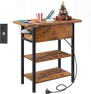 WLIVE End Table with Charging Station, Flip Top Narrow Side Table with S...