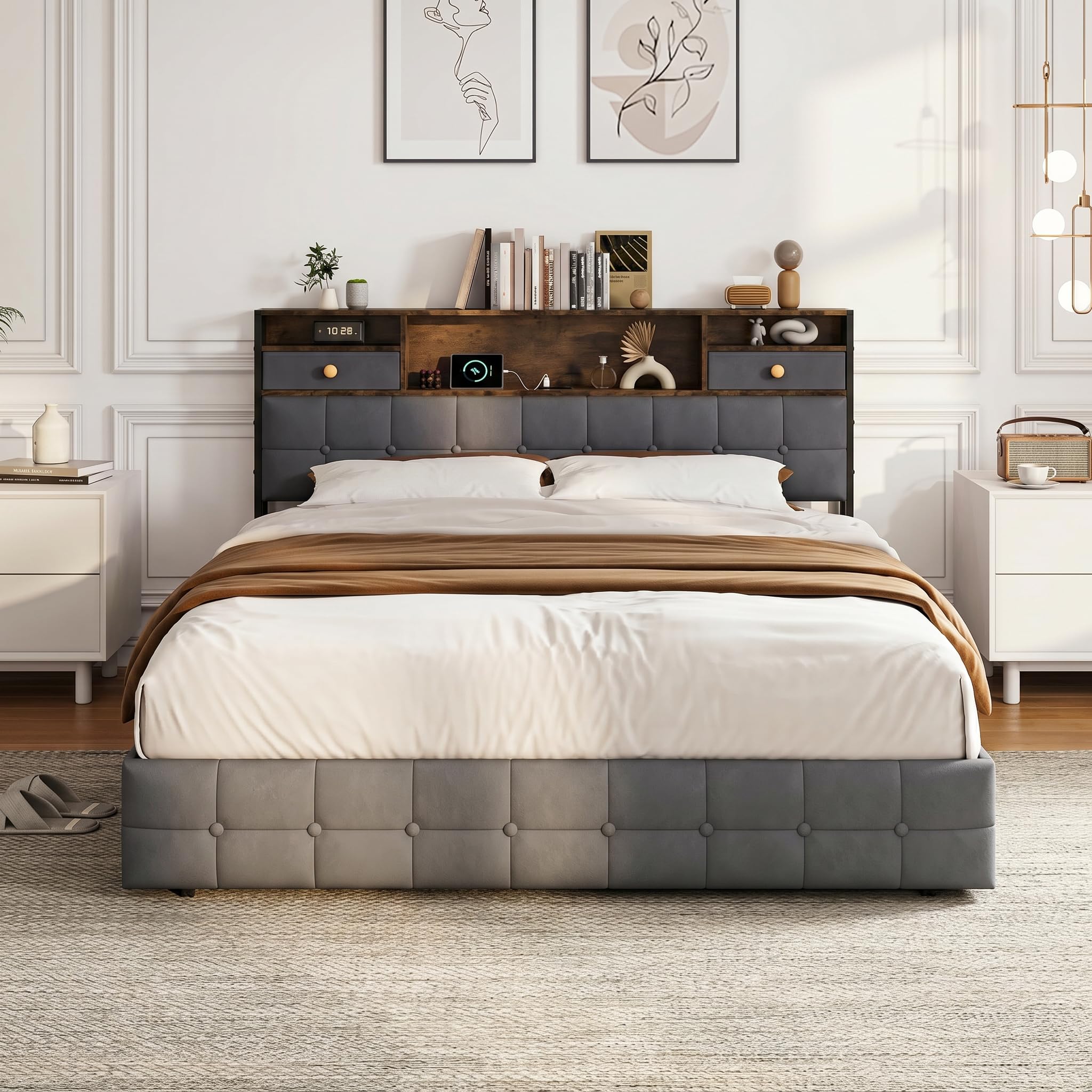 Cama maletero de 160 x 200 cm, LED/USB cama de 2 plazas, cabecera con 2 cajón, aplicable para familias, búsqueda de almacenamiento óptimo, privilegiante ambiente y espacio limitado (gris, 160 x 200 cm