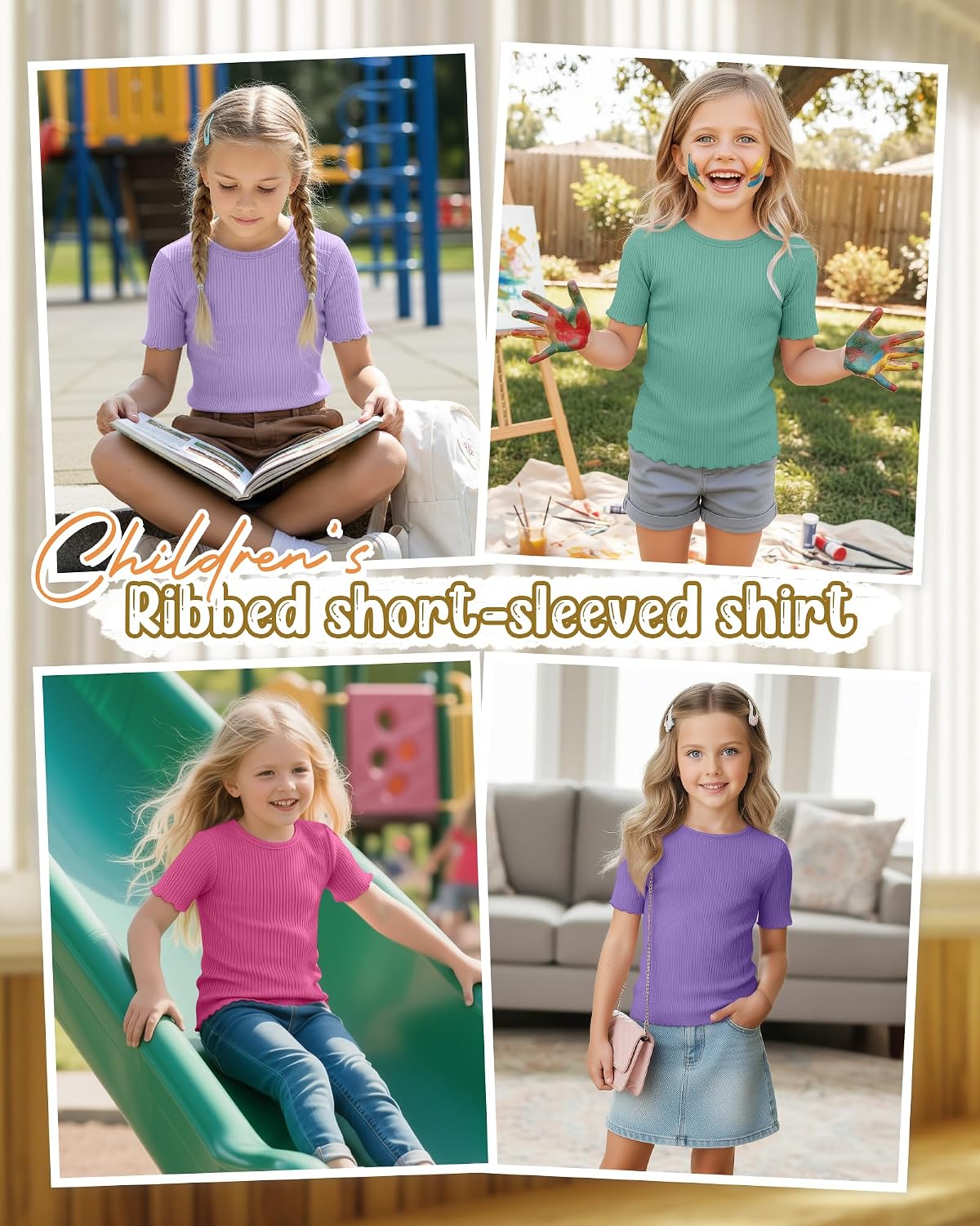 4 Pack Girls Short Sleeve Tops Ribbed Cotton Lettuce Trim T Shirts Crew Neck Cute Basic Tees for Kids Teen 5-14Y