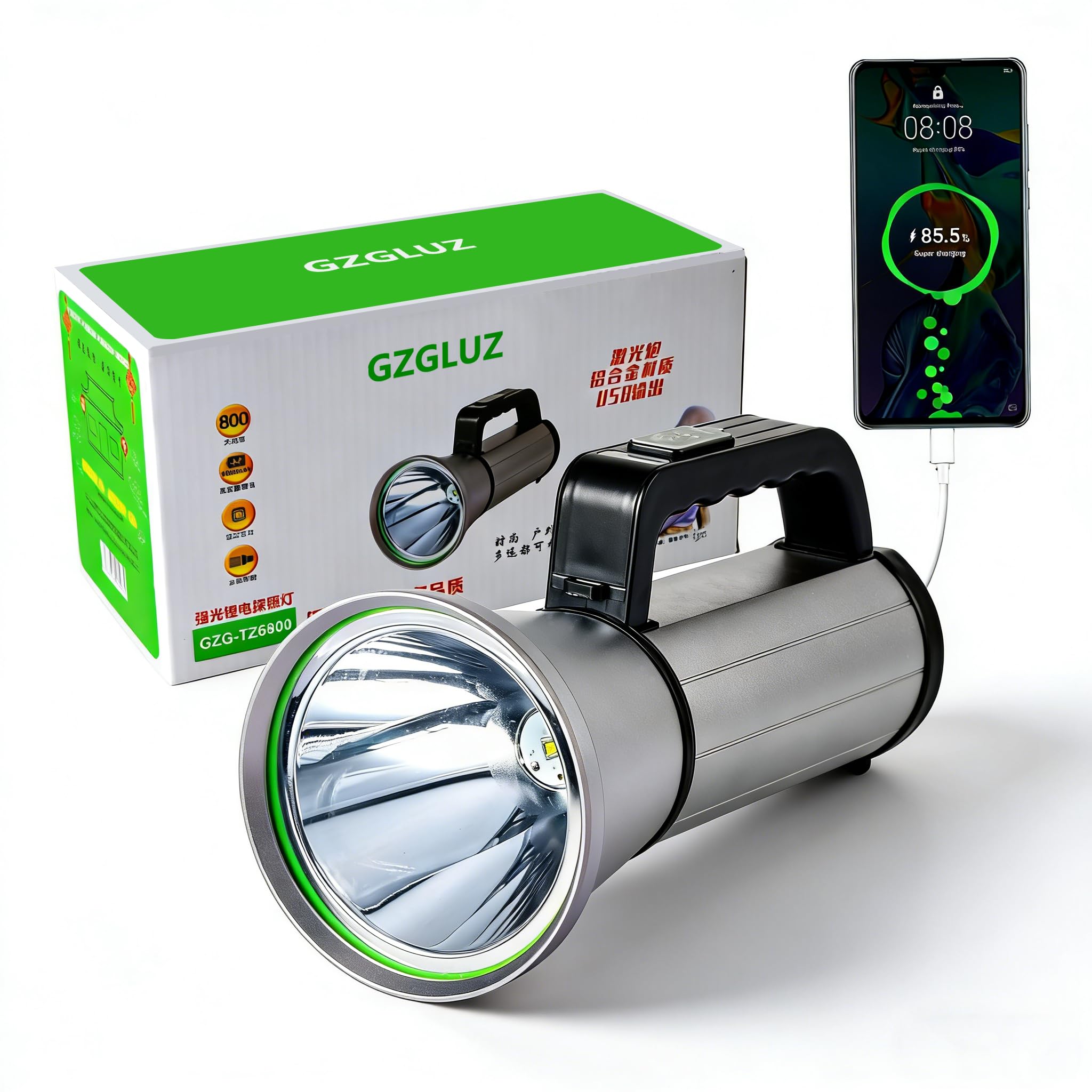 Linterna LED recargable, alta potencia, camping y uso de emergencia (plata, 16000 mAh)